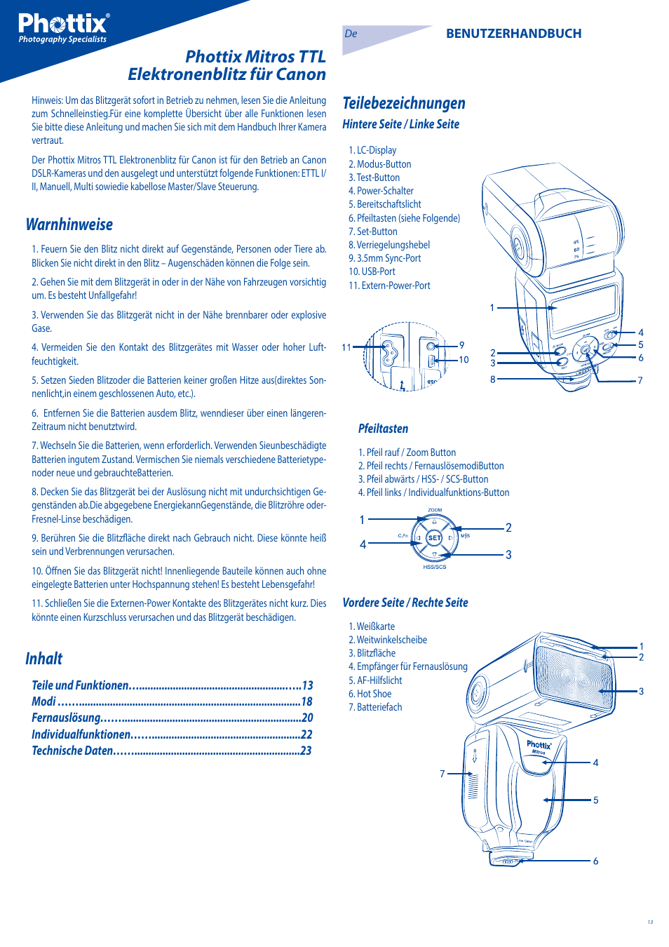 Warnhinweise, Inhalt | Phottix Mitros for Canon User Manual | Page 13 / 102