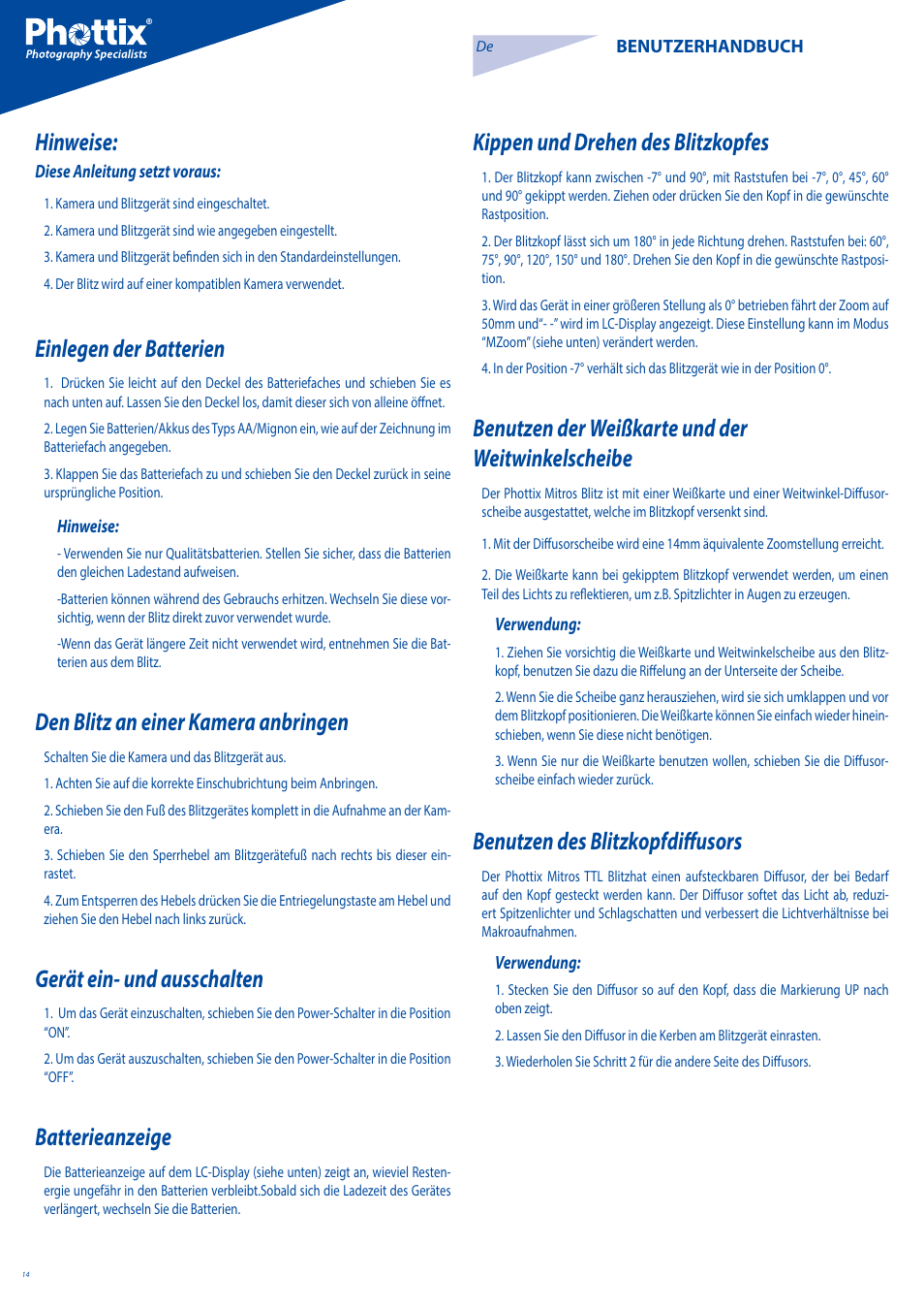 Hinweise, Einlegen der batterien, Den blitz an einer kamera anbringen | Gerät ein- und ausschalten, Batterieanzeige, Kippen und drehen des blitzkopfes, Benutzen der weißkarte und der weitwinkelscheibe, Benutzen des blitzkopfdiffusors | Phottix Mitros for Canon User Manual | Page 14 / 102