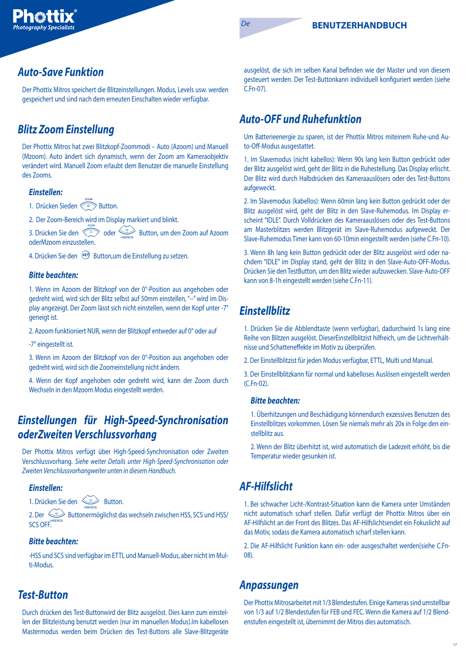 Auto-save funktion, Blitz zoom einstellung, Test-button | Auto-off und ruhefunktion, Einstellblitz, Af-hilfslicht, Anpassungen | Phottix Mitros for Canon User Manual | Page 17 / 102