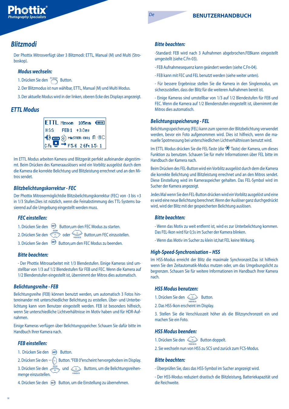 Blitzmodi, Ettl modus | Phottix Mitros for Canon User Manual | Page 18 / 102