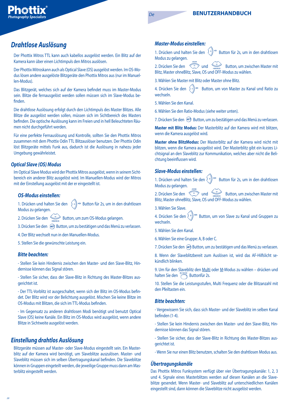 Drahtlose auslösung, Einstellung drahtlos auslösung | Phottix Mitros for Canon User Manual | Page 20 / 102
