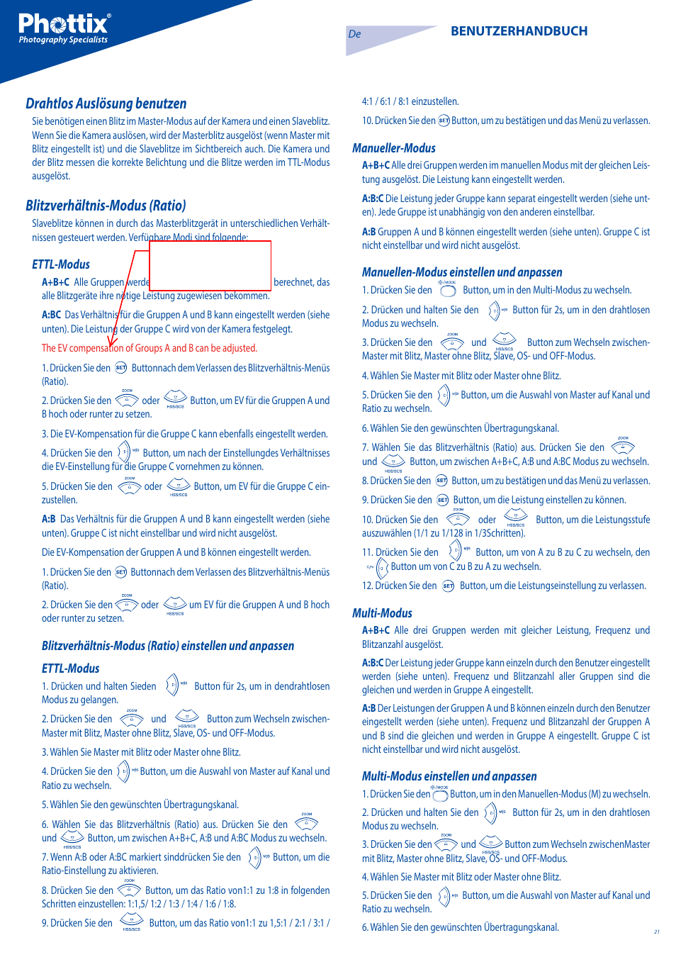Drahtlos auslösung benutzen, Blitzverhältnis-modus (ratio) | Phottix Mitros for Canon User Manual | Page 21 / 102