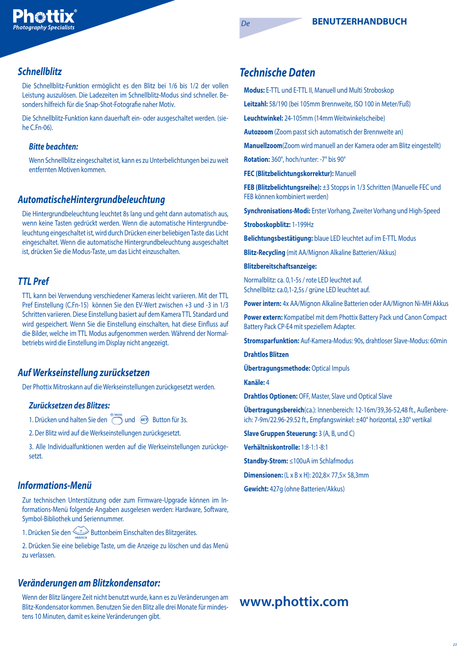 Technische daten, Schnellblitz, Automatischehintergrundbeleuchtung | Ttl pref, Auf werkseinstellung zurücksetzen, Informations-menü, Veränderungen am blitzkondensator | Phottix Mitros for Canon User Manual | Page 23 / 102