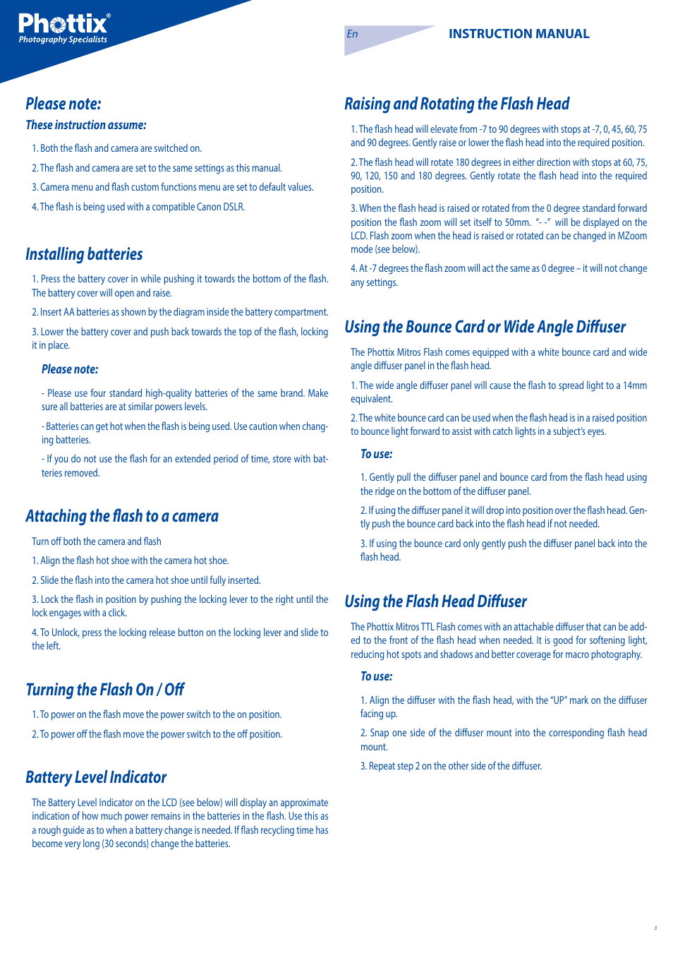 Installing batteries, Attaching the flash to a camera, Turning the flash on / off | Battery level indicator, Raising and rotating the flash head, Using the bounce card or wide angle diffuser, Using the flash head diffuser | Phottix Mitros for Canon User Manual | Page 3 / 102