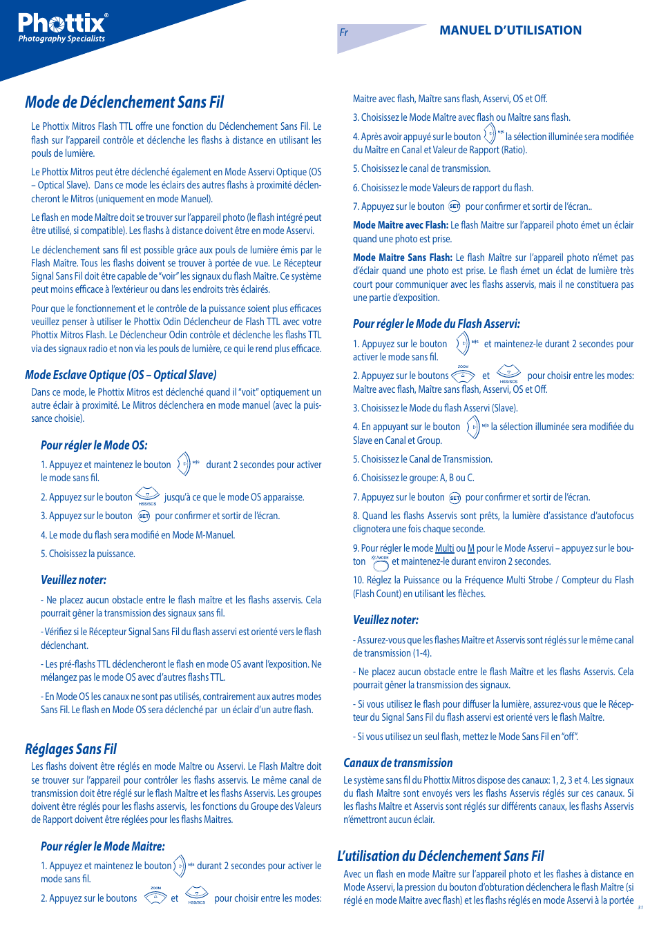 Mode de déclenchement sans fil, Réglages sans fil, L’utilisation du déclenchement sans fil | Phottix Mitros for Canon User Manual | Page 31 / 102