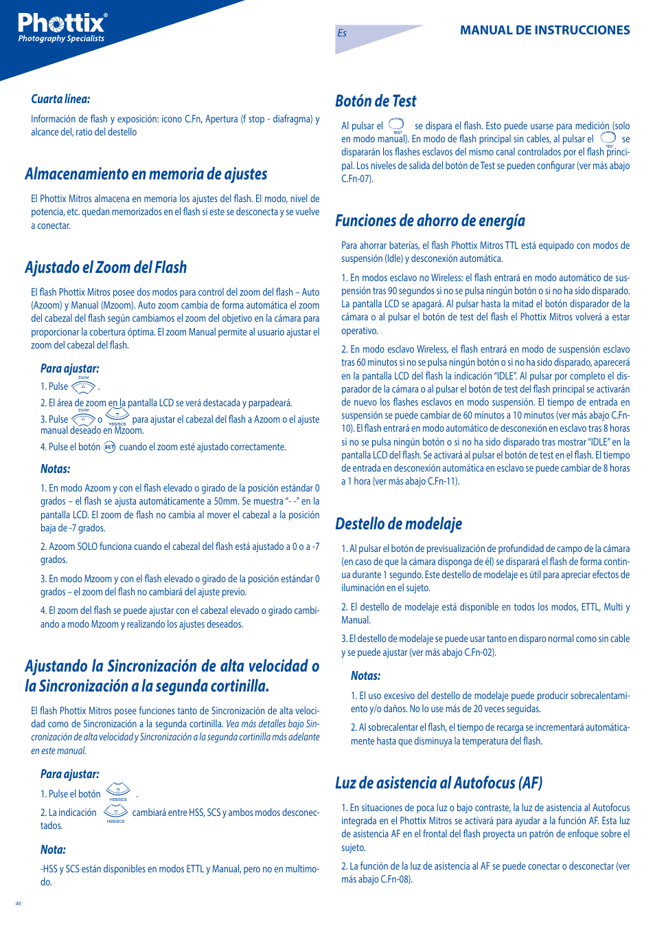 Ajustado el zoom del flash, Botón de test, Funciones de ahorro de energía | Destello de modelaje, Luz de asistencia al autofocus (af) | Phottix Mitros for Canon User Manual | Page 40 / 102