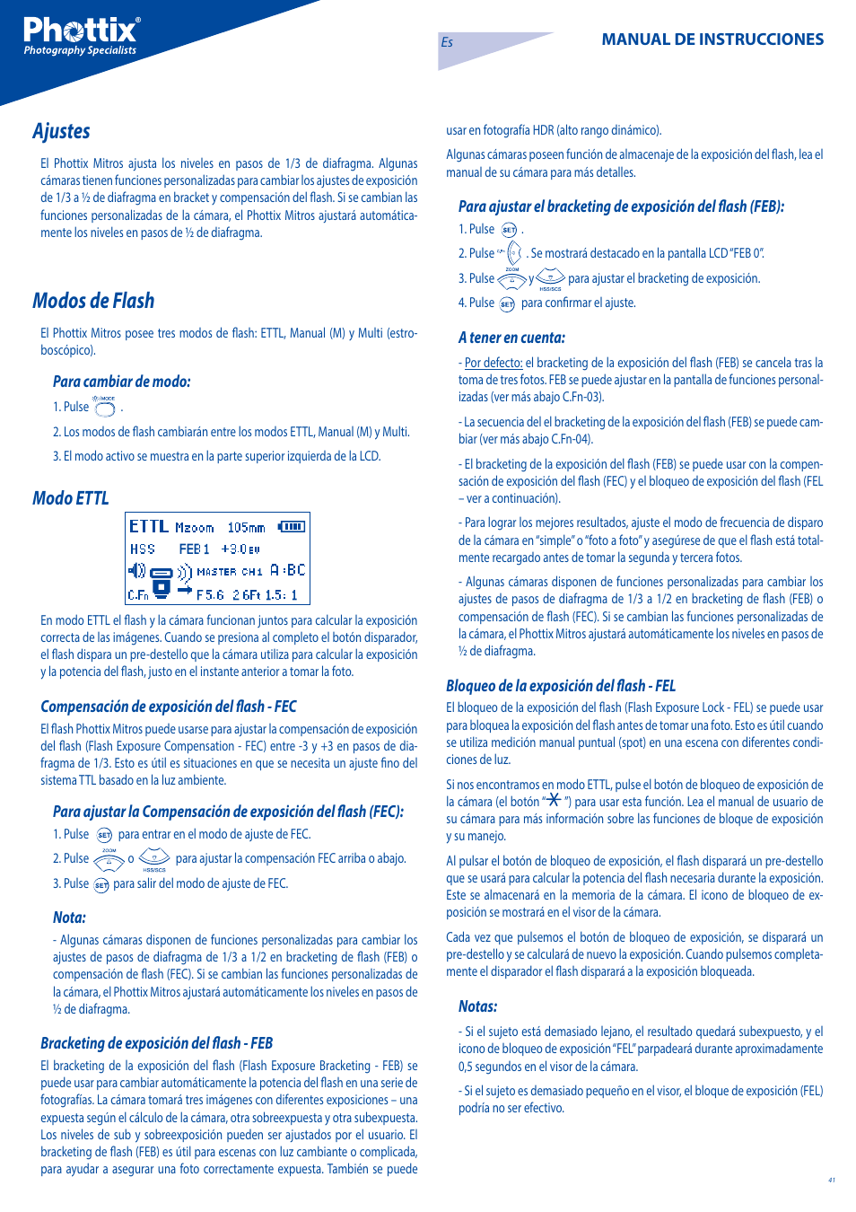 Ajustes, Modos de flash, Modo ettl | Phottix Mitros for Canon User Manual | Page 41 / 102