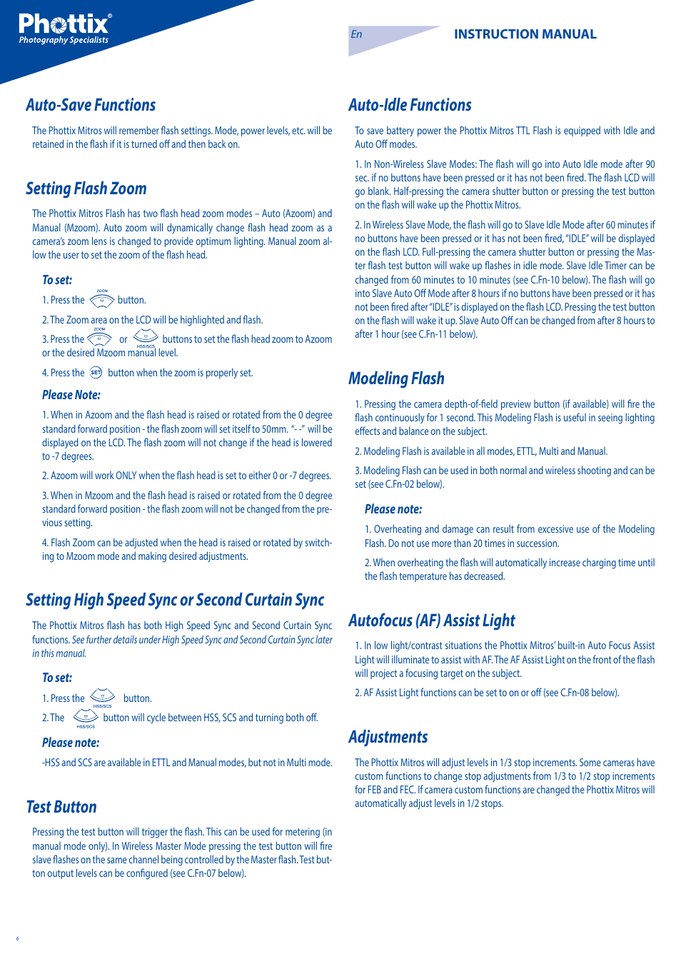 Auto-save functions, Setting flash zoom, Setting high speed sync or second curtain sync | Test button, Auto-idle functions, Modeling flash, Autofocus (af) assist light, Adjustments | Phottix Mitros for Canon User Manual | Page 6 / 102