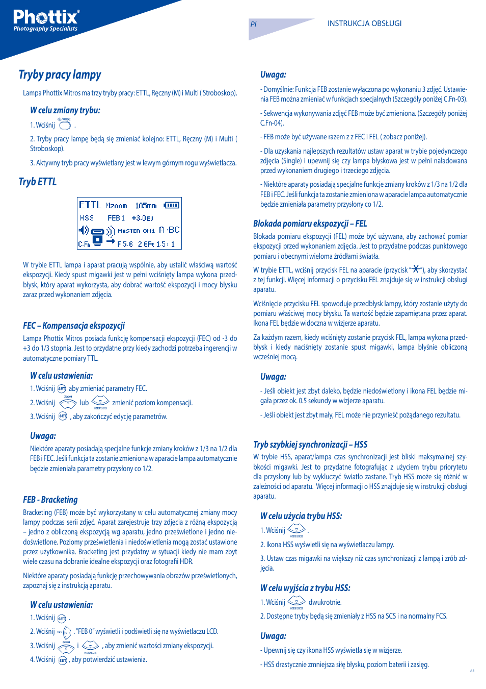Tryby pracy lampy, Tryb ettl | Phottix Mitros for Canon User Manual | Page 63 / 102