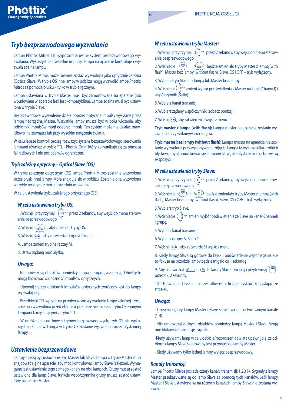 Tryb bezprzewodowego wyzwalania, Ustawienie bezprzewodowe | Phottix Mitros for Canon User Manual | Page 65 / 102