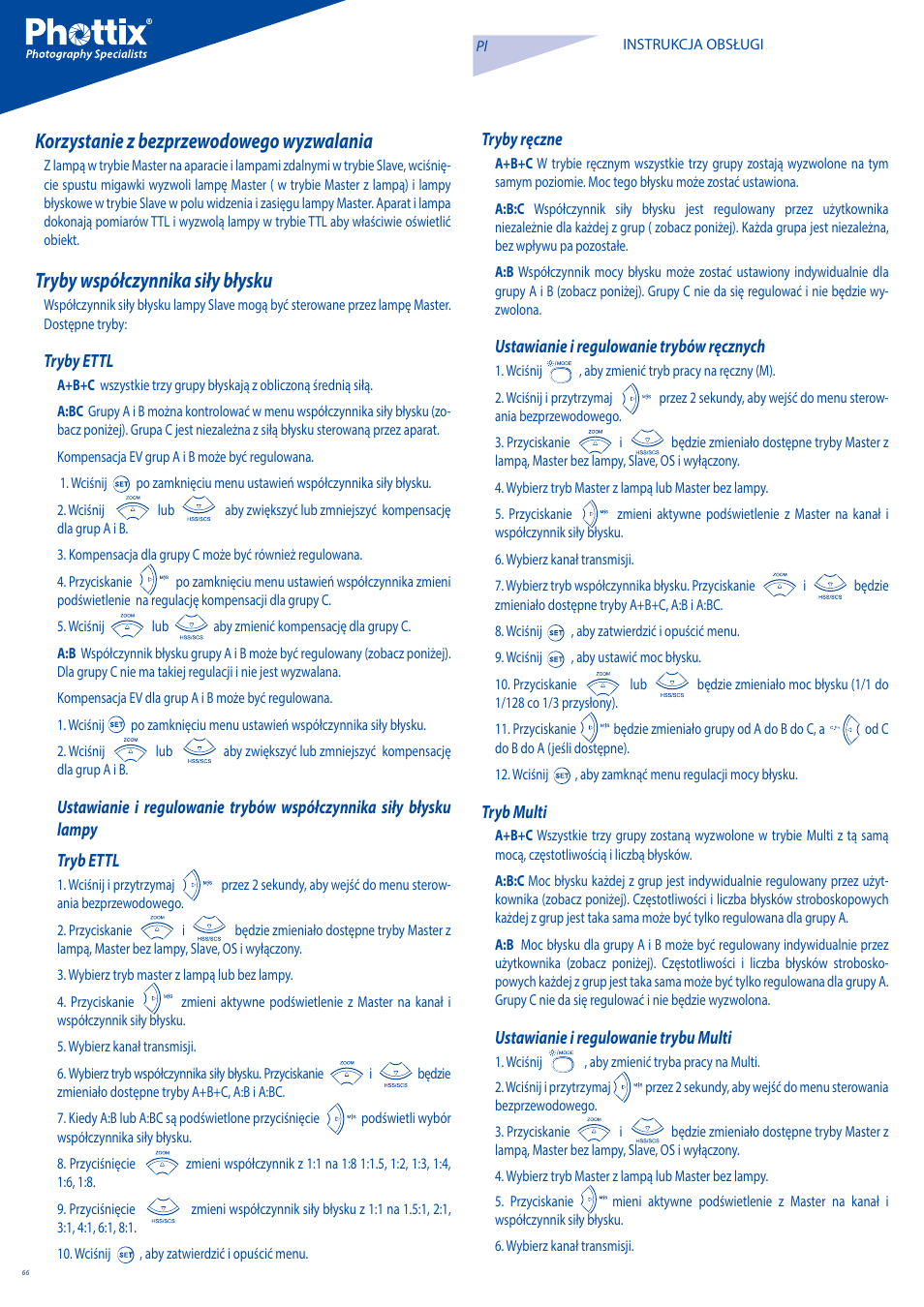 Korzystanie z bezprzewodowego wyzwalania, Tryby współczynnika siły błysku | Phottix Mitros for Canon User Manual | Page 66 / 102