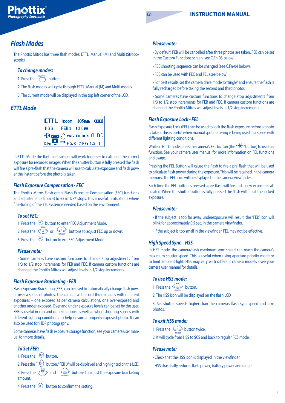 Flash modes, Ettl mode | Phottix Mitros for Canon User Manual | Page 7 / 102