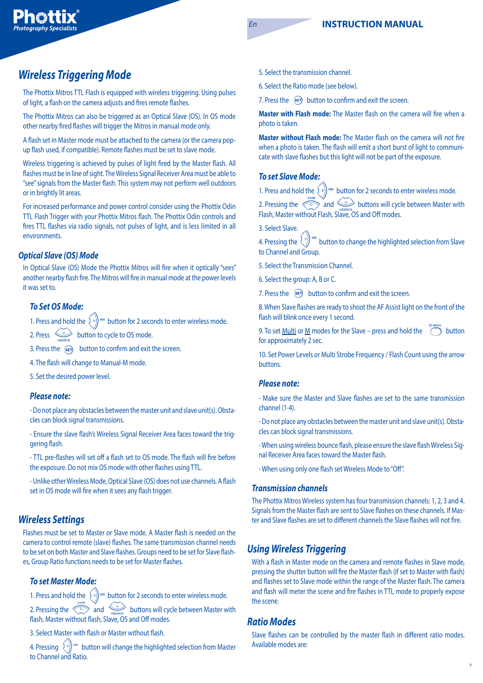 Wireless triggering mode, Wireless settings, Using wireless triggering | Ratio modes | Phottix Mitros for Canon User Manual | Page 9 / 102