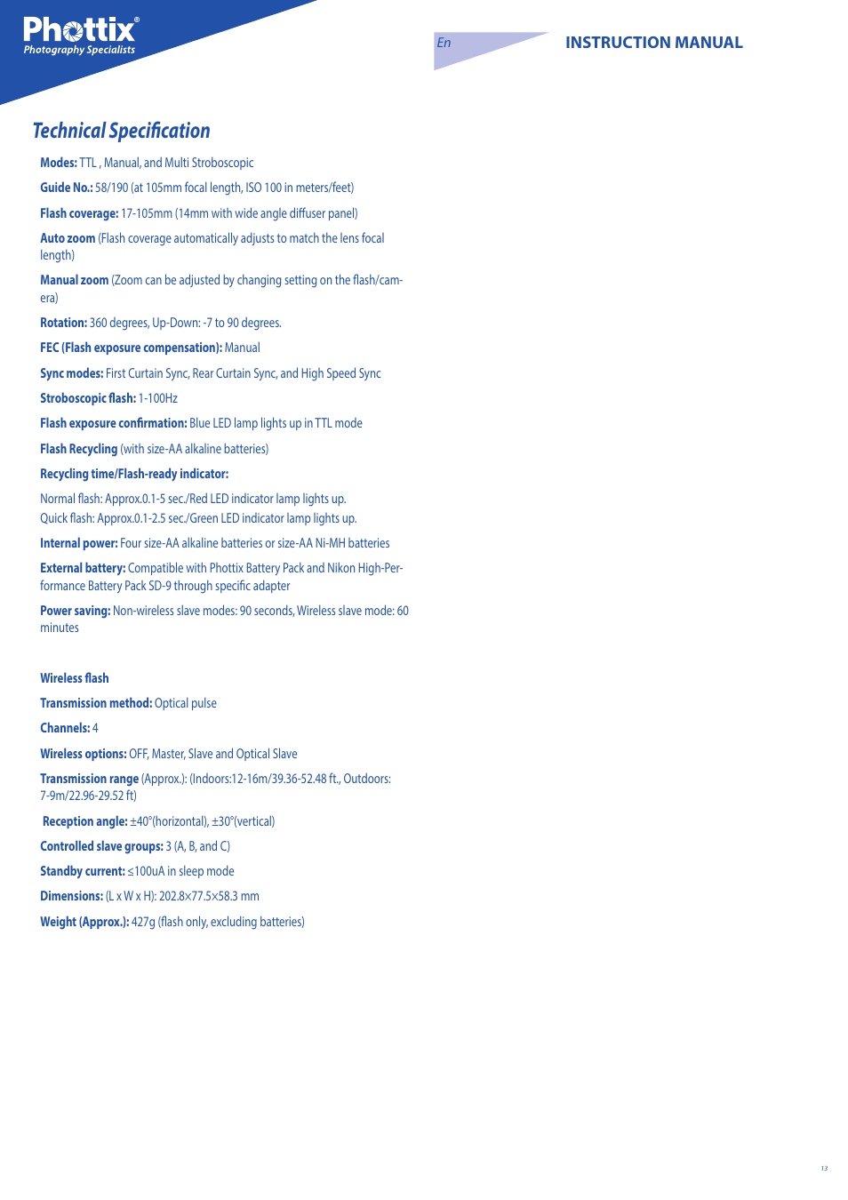 Technical specification | Phottix Mitros for Nikon User Manual | Page 13 / 122