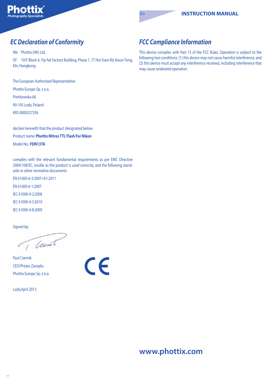 Ec declaration of conformity, Fcc compliance information | Phottix Mitros for Nikon User Manual | Page 14 / 122