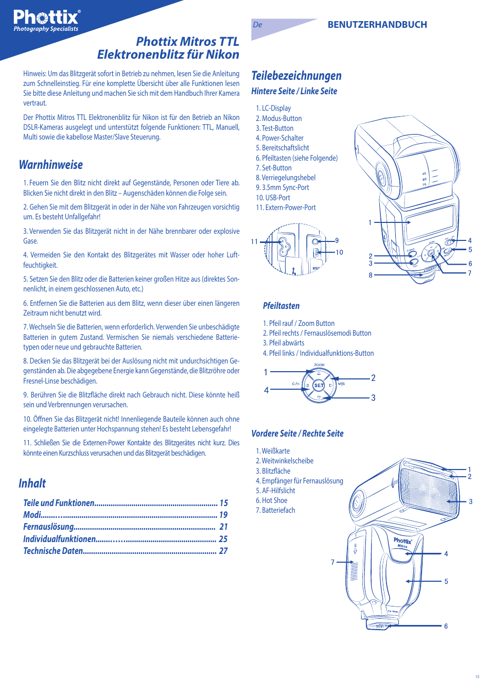 Warnhinweise, Inhalt | Phottix Mitros for Nikon User Manual | Page 15 / 122