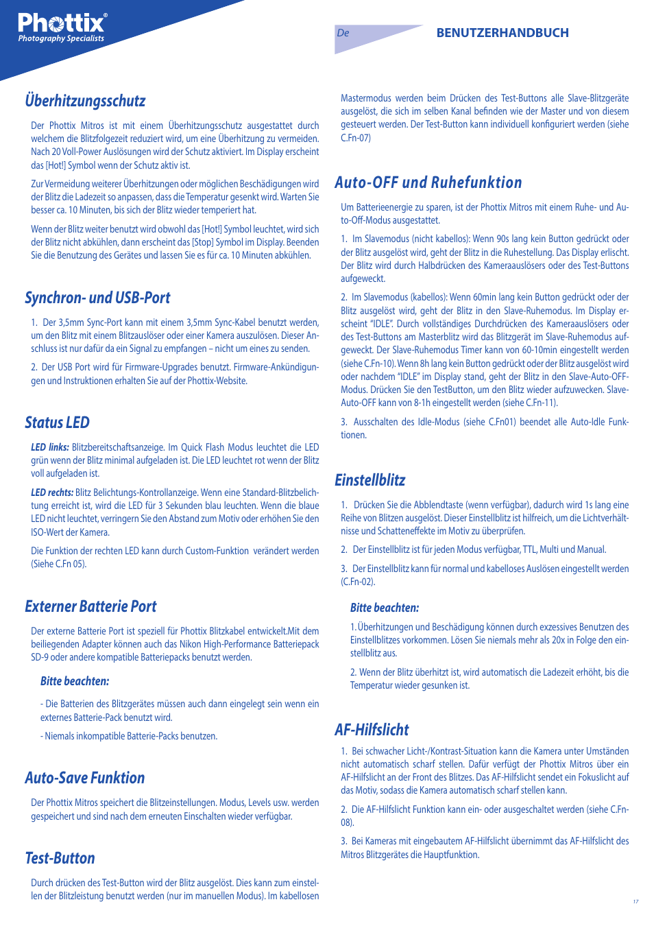 Überhitzungsschutz, Synchron- und usb-port, Status led | Externer batterie port, Auto-save funktion, Test-button, Auto-off und ruhefunktion, Einstellblitz, Af-hilfslicht | Phottix Mitros for Nikon User Manual | Page 17 / 122