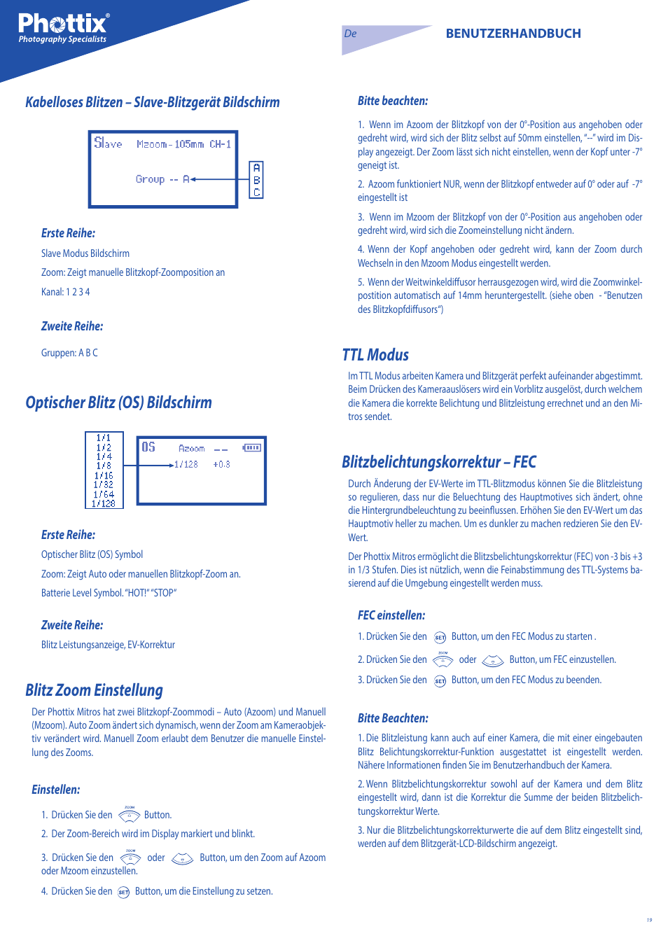 Optischer blitz (os) bildschirm, Blitz zoom einstellung, Ttl modus | Blitzbelichtungskorrektur – fec, Kabelloses blitzen – slave-blitzgerät bildschirm | Phottix Mitros for Nikon User Manual | Page 19 / 122