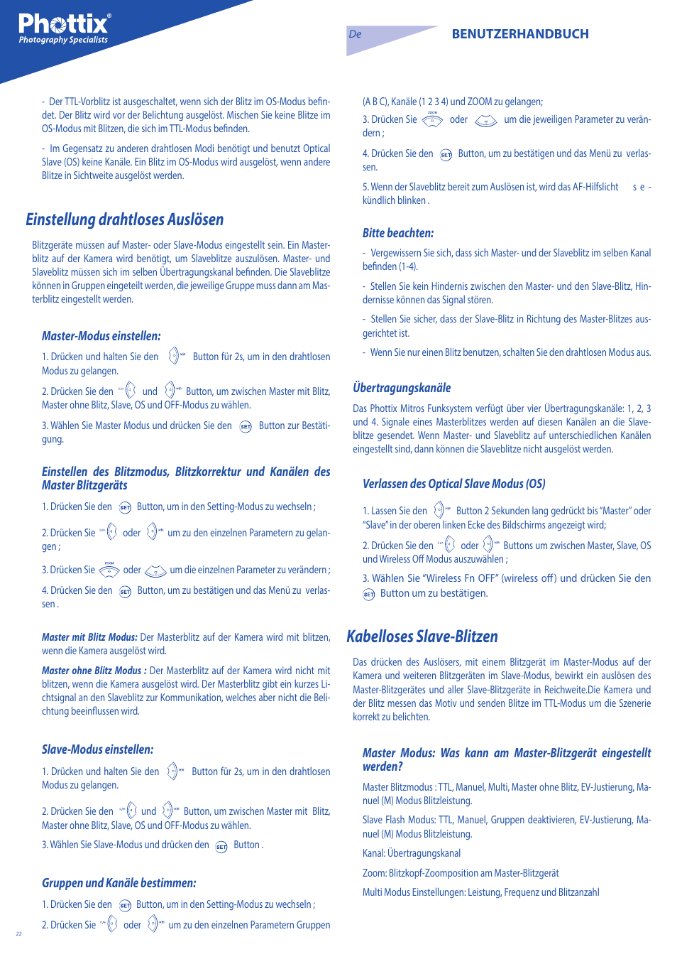 Einstellung drahtloses auslösen, Kabelloses slave-blitzen | Phottix Mitros for Nikon User Manual | Page 22 / 122