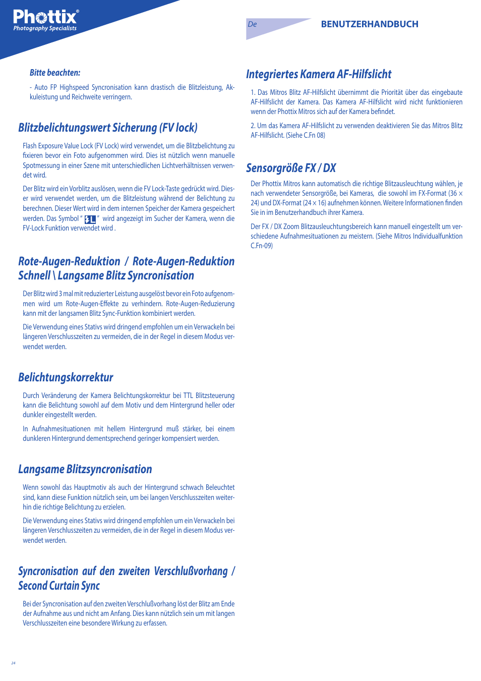 Blitzbelichtungswert sicherung (fv lock), Belichtungskorrektur, Langsame blitzsyncronisation | Integriertes kamera af-hilfslicht, Sensorgröße fx / dx | Phottix Mitros for Nikon User Manual | Page 24 / 122