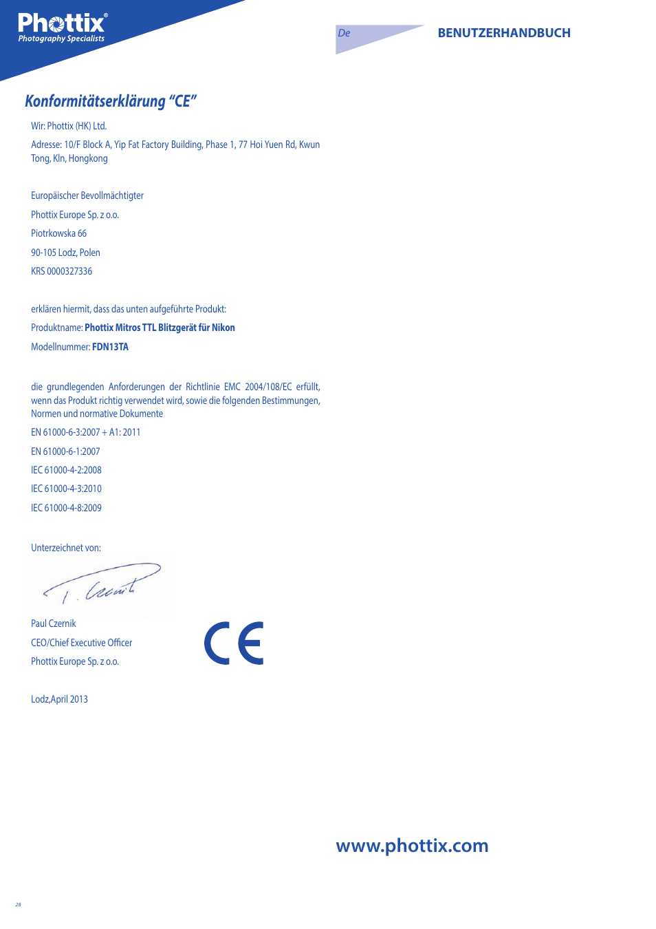 Konformitätserklärung “ce | Phottix Mitros for Nikon User Manual | Page 28 / 122