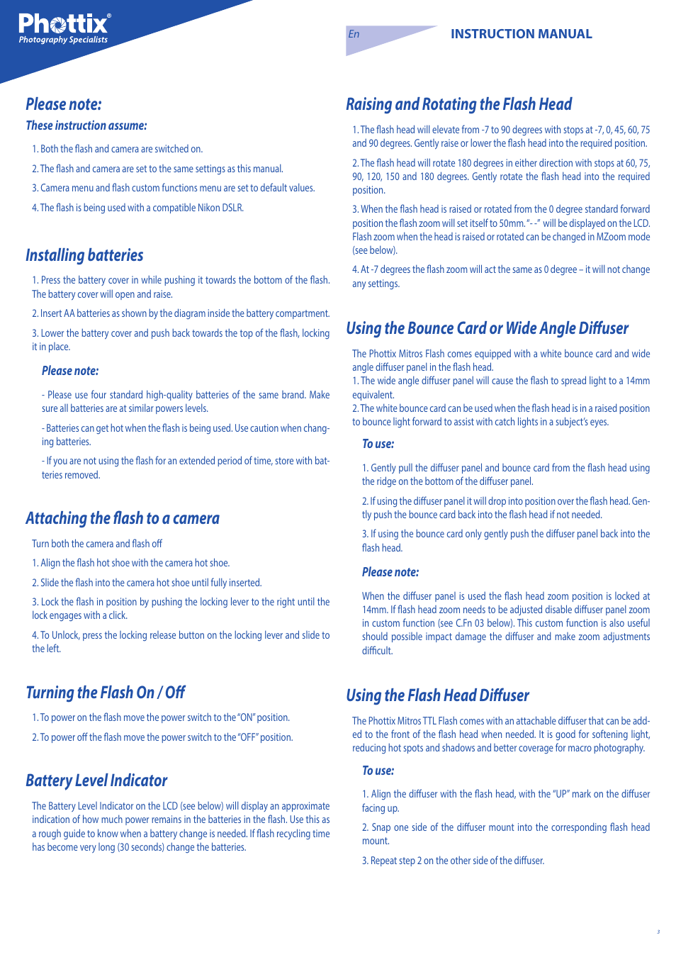 Installing batteries, Attaching the flash to a camera, Turning the flash on / off | Battery level indicator, Raising and rotating the flash head, Using the bounce card or wide angle diffuser, Using the flash head diffuser | Phottix Mitros for Nikon User Manual | Page 3 / 122