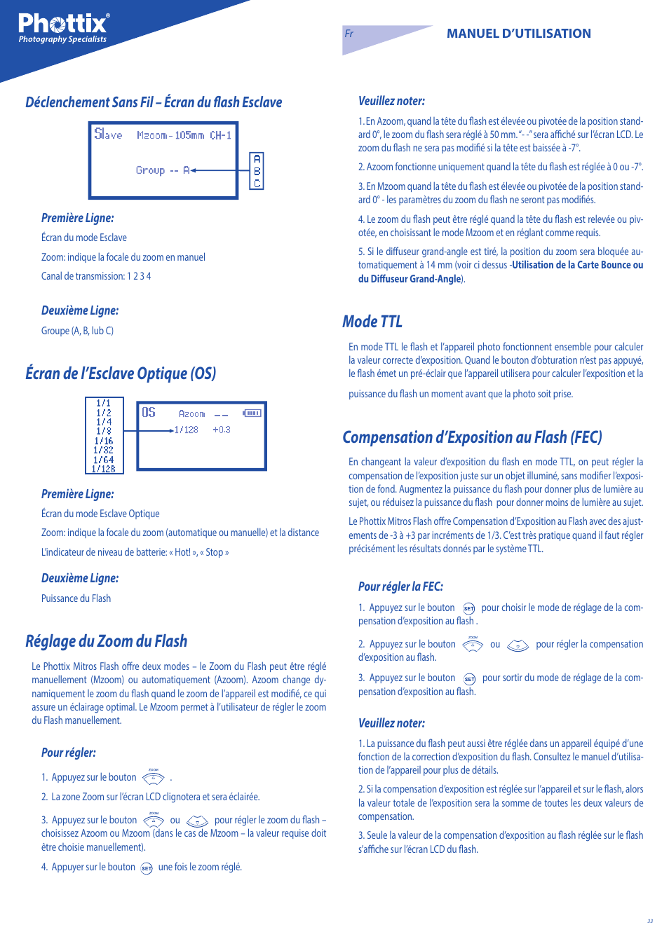 Écran de l’esclave optique (os), Réglage du zoom du flash, Mode ttl | Compensation d’exposition au flash (fec), Déclenchement sans fil – écran du flash esclave | Phottix Mitros for Nikon User Manual | Page 33 / 122