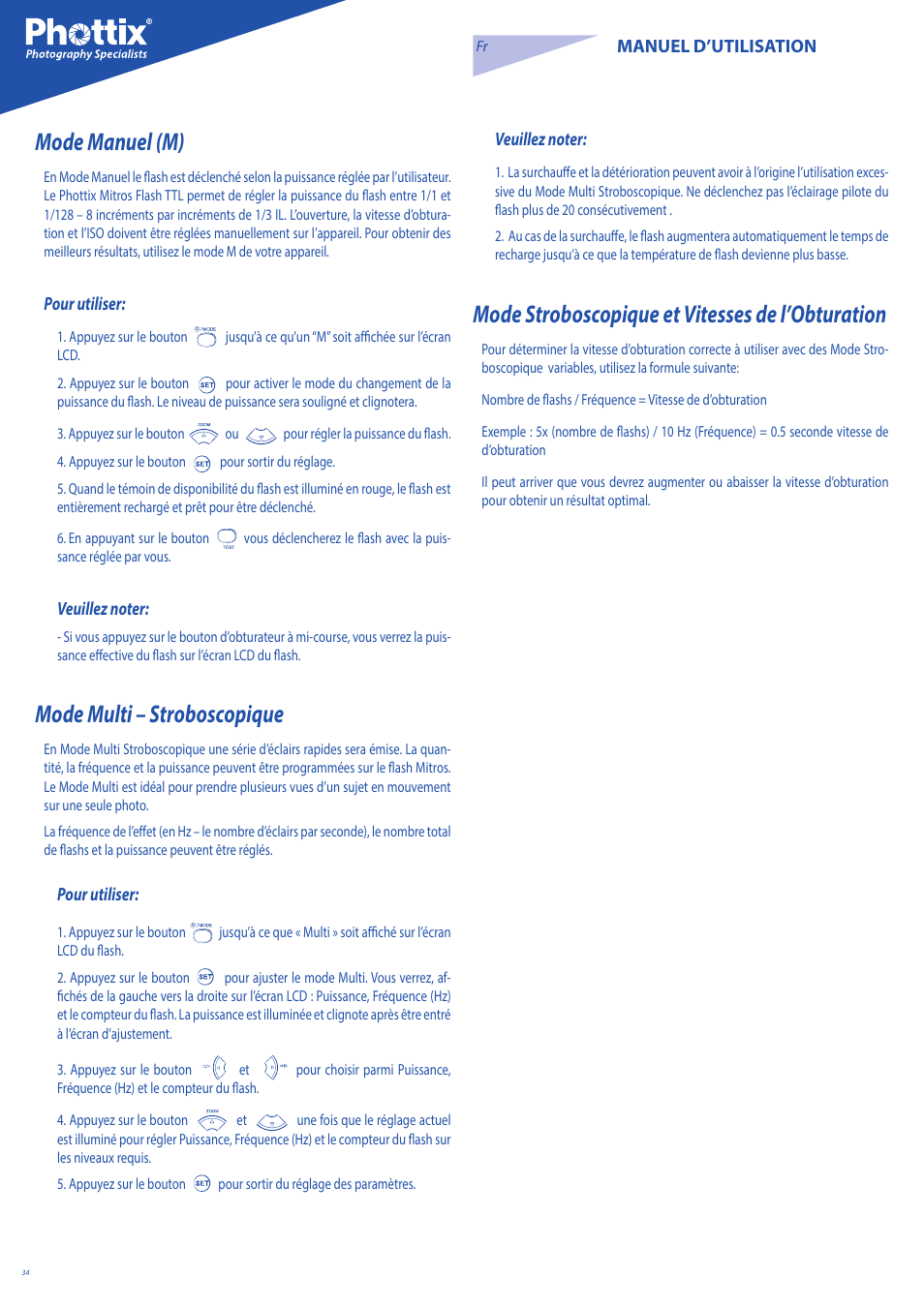 Mode manuel (m), Mode multi – stroboscopique, Mode stroboscopique et vitesses de l’obturation | Phottix Mitros for Nikon User Manual | Page 34 / 122