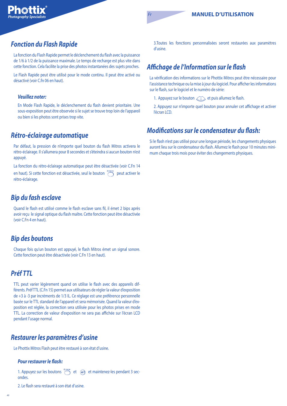 Fonction du flash rapide, Rétro-éclairage automatique, Bip du fash esclave | Bip des boutons, Préf ttl, Restaurer les paramètres d’usine, Affichage de l’information sur le flash, Modifications sur le condensateur du flash | Phottix Mitros for Nikon User Manual | Page 40 / 122