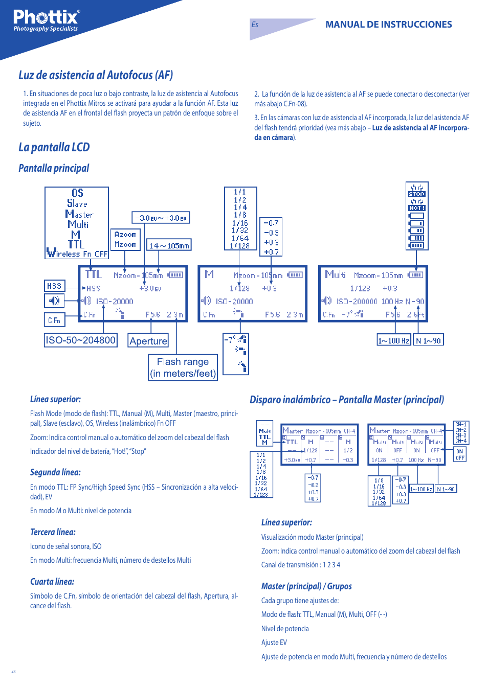 La pantalla lcd, Luz de asistencia al autofocus (af), Pantalla principal | Disparo inalámbrico – pantalla master (principal) | Phottix Mitros for Nikon User Manual | Page 46 / 122