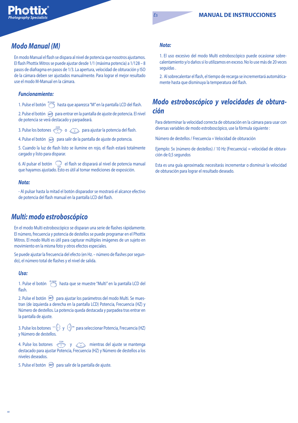 Modo manual (m), Multi: modo estroboscópico, Modo estroboscópico y velocidades de obtura- ción | Phottix Mitros for Nikon User Manual | Page 48 / 122