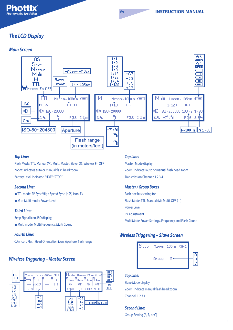 The lcd display, Main screen, Wireless triggering – master screen | Wireless triggering – slave screen | Phottix Mitros for Nikon User Manual | Page 5 / 122