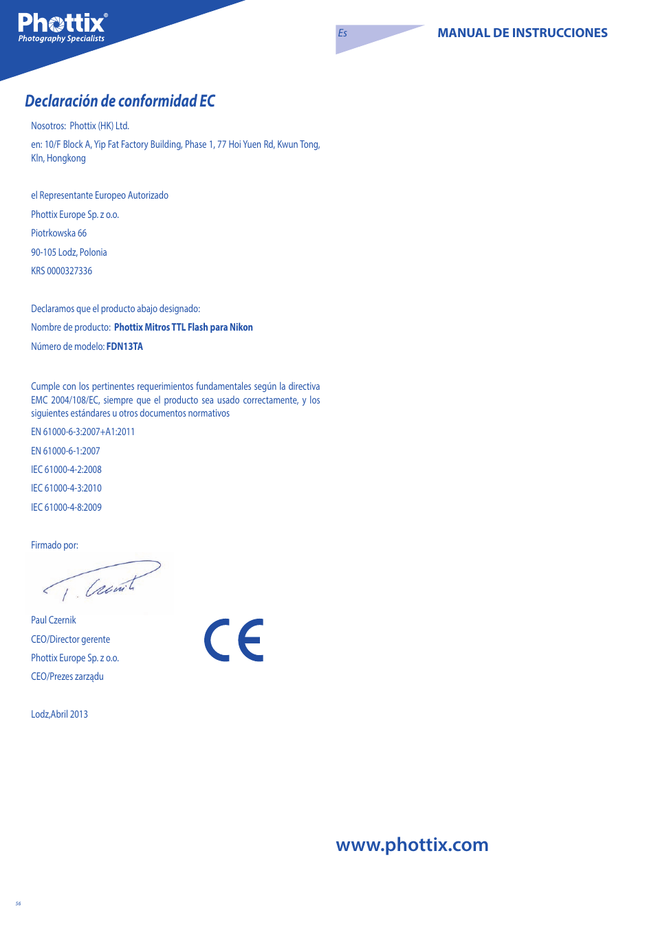 Declaración de conformidad ec | Phottix Mitros for Nikon User Manual | Page 56 / 122