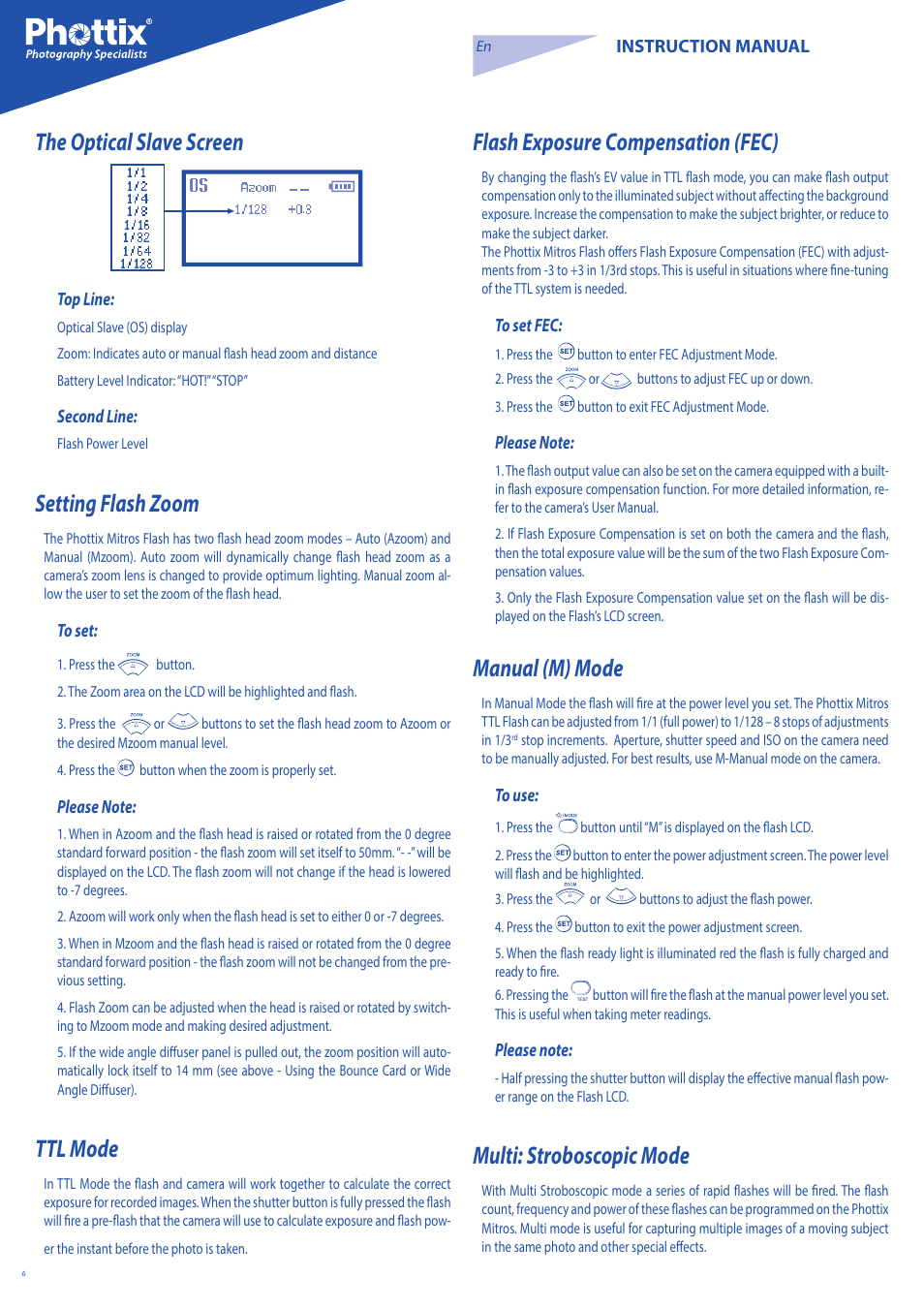 The optical slave screen, Setting flash zoom, Ttl mode | Flash exposure compensation (fec), Manual (m) mode, Multi: stroboscopic mode | Phottix Mitros for Nikon User Manual | Page 6 / 122