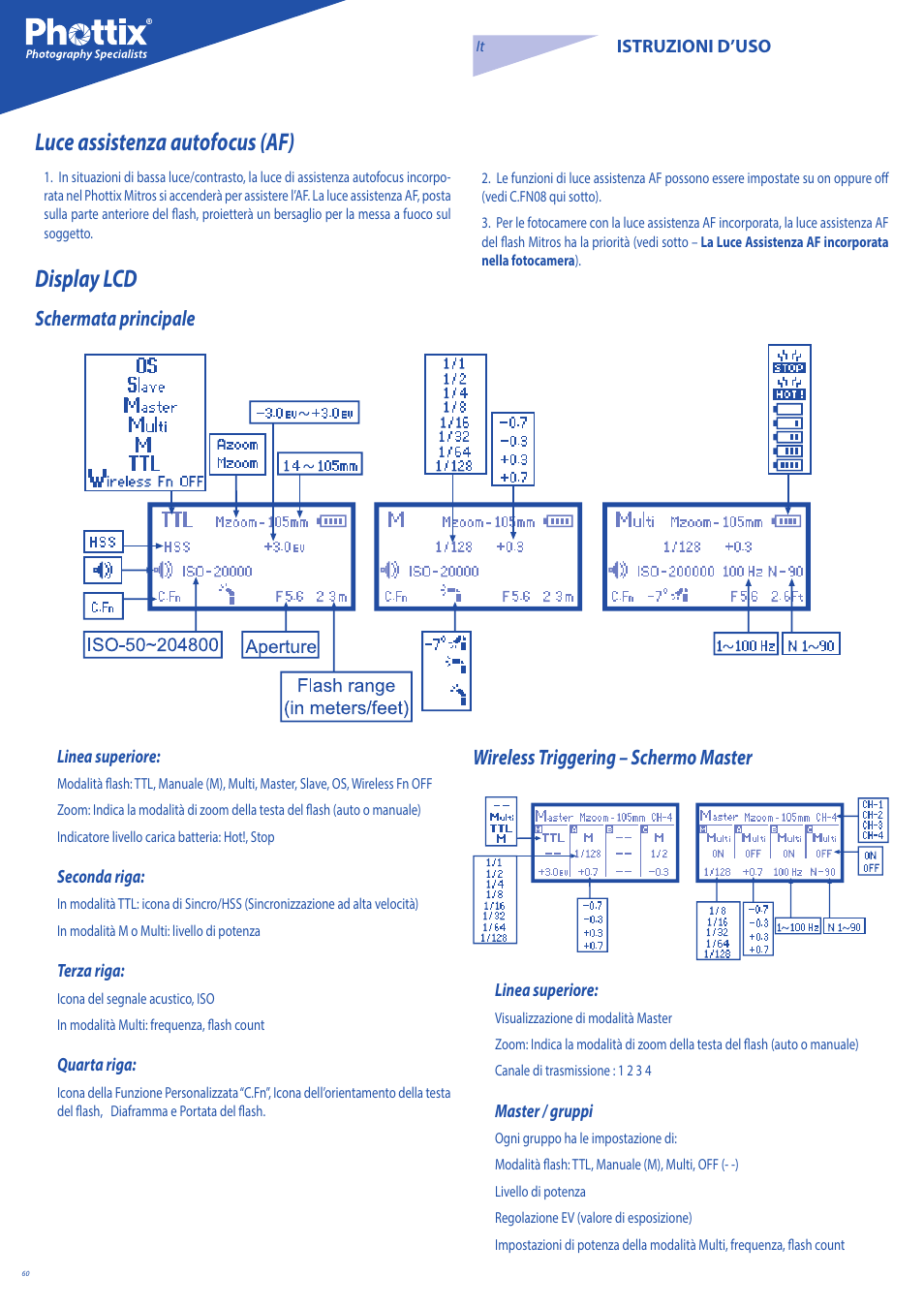 Display lcd, Luce assistenza autofocus (af), Schermata principale | Wireless triggering – schermo master | Phottix Mitros for Nikon User Manual | Page 60 / 122