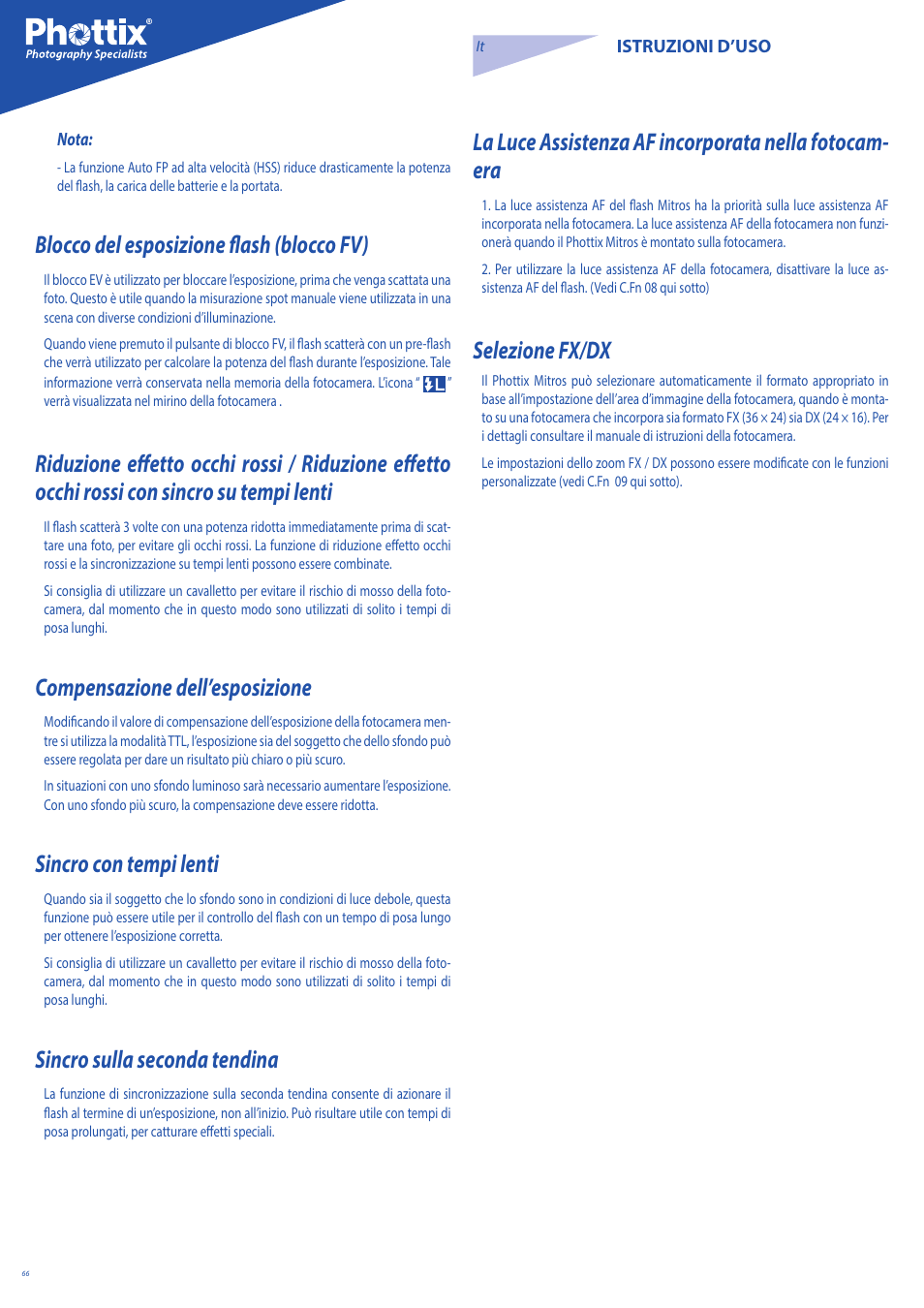 Blocco del esposizione flash (blocco fv), Compensazione dell’esposizione, Sincro con tempi lenti | Sincro sulla seconda tendina, Selezione fx/dx | Phottix Mitros for Nikon User Manual | Page 66 / 122