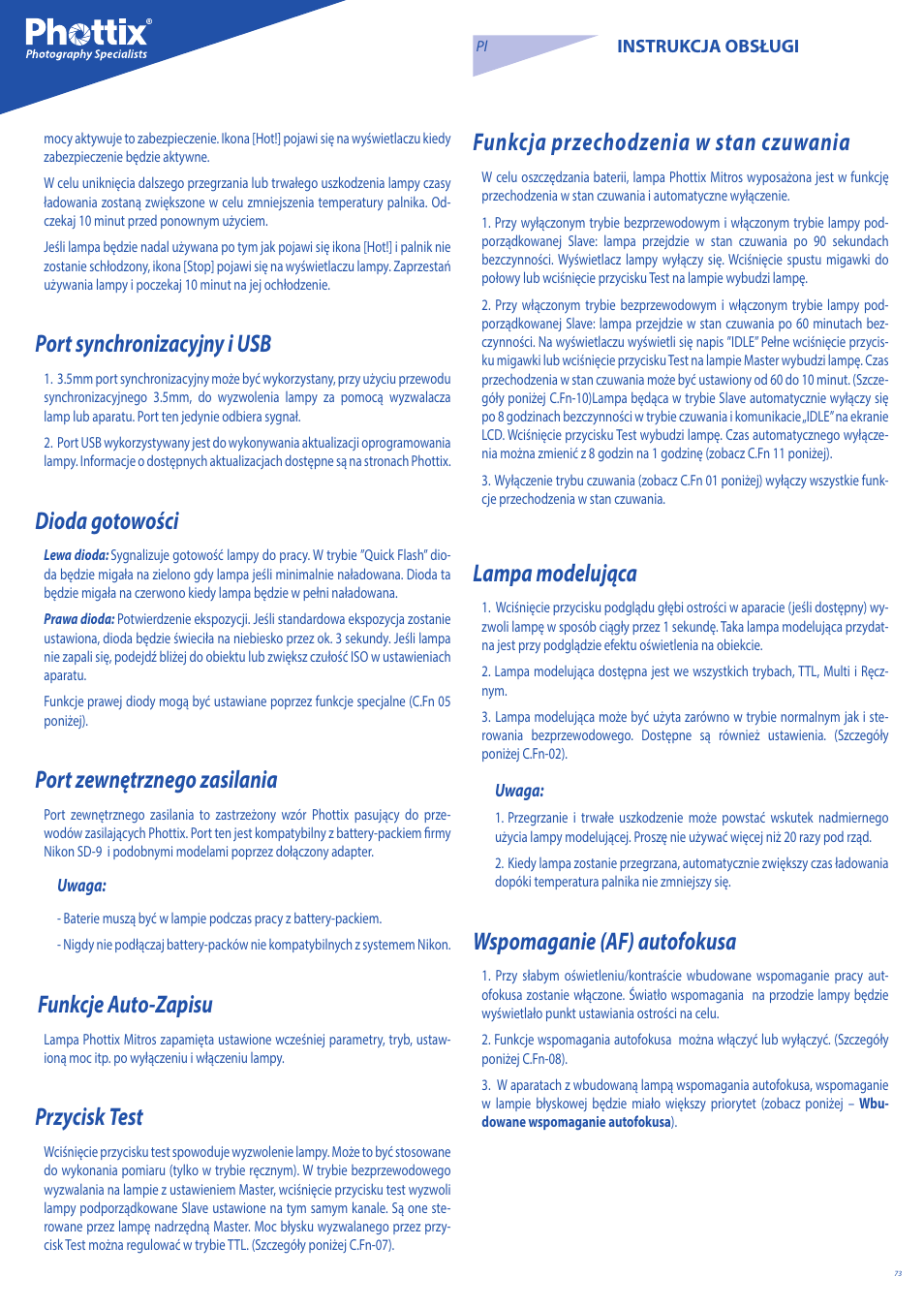 Port synchronizacyjny i usb, Dioda gotowości, Port zewnętrznego zasilania | Funkcje auto-zapisu, Przycisk test, Funkcja przechodzenia w stan czuwania, Lampa modelująca, Wspomaganie (af) autofokusa | Phottix Mitros for Nikon User Manual | Page 73 / 122