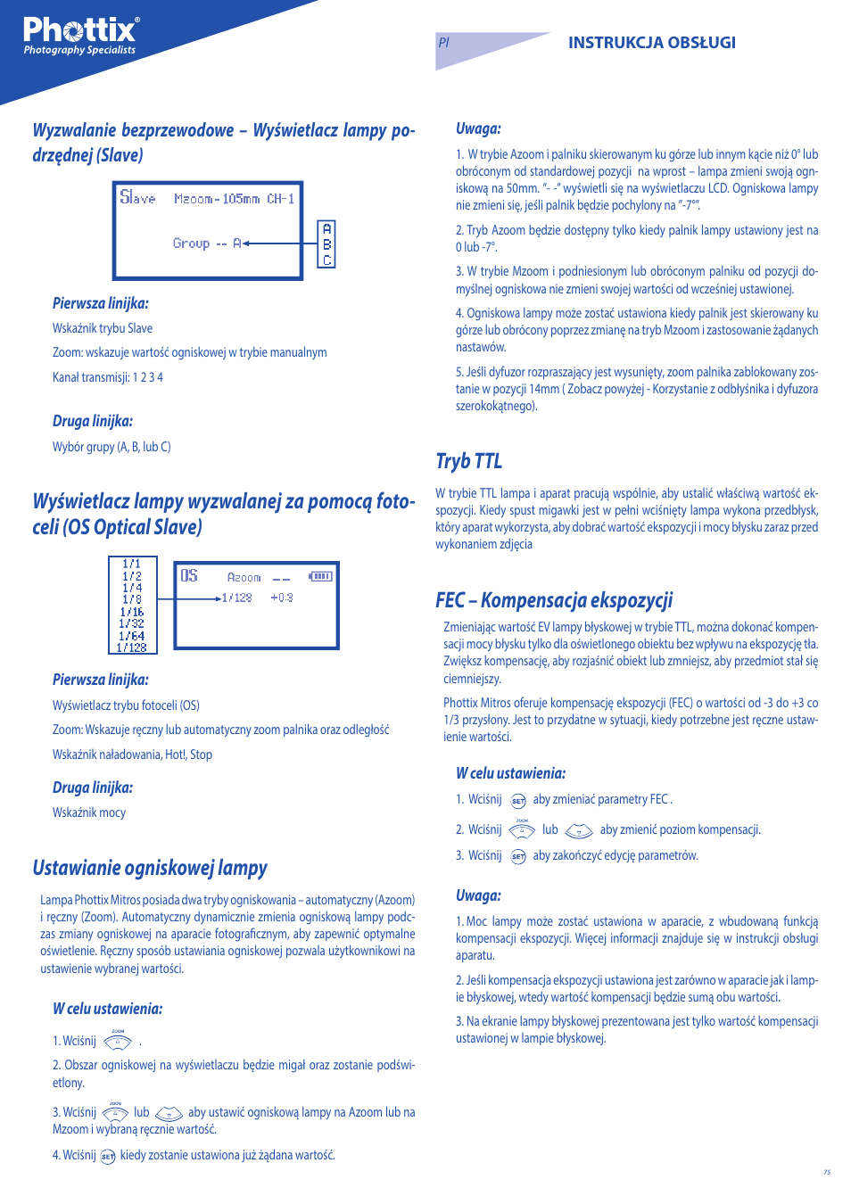 Ustawianie ogniskowej lampy, Tryb ttl, Fec – kompensacja ekspozycji | Phottix Mitros for Nikon User Manual | Page 75 / 122