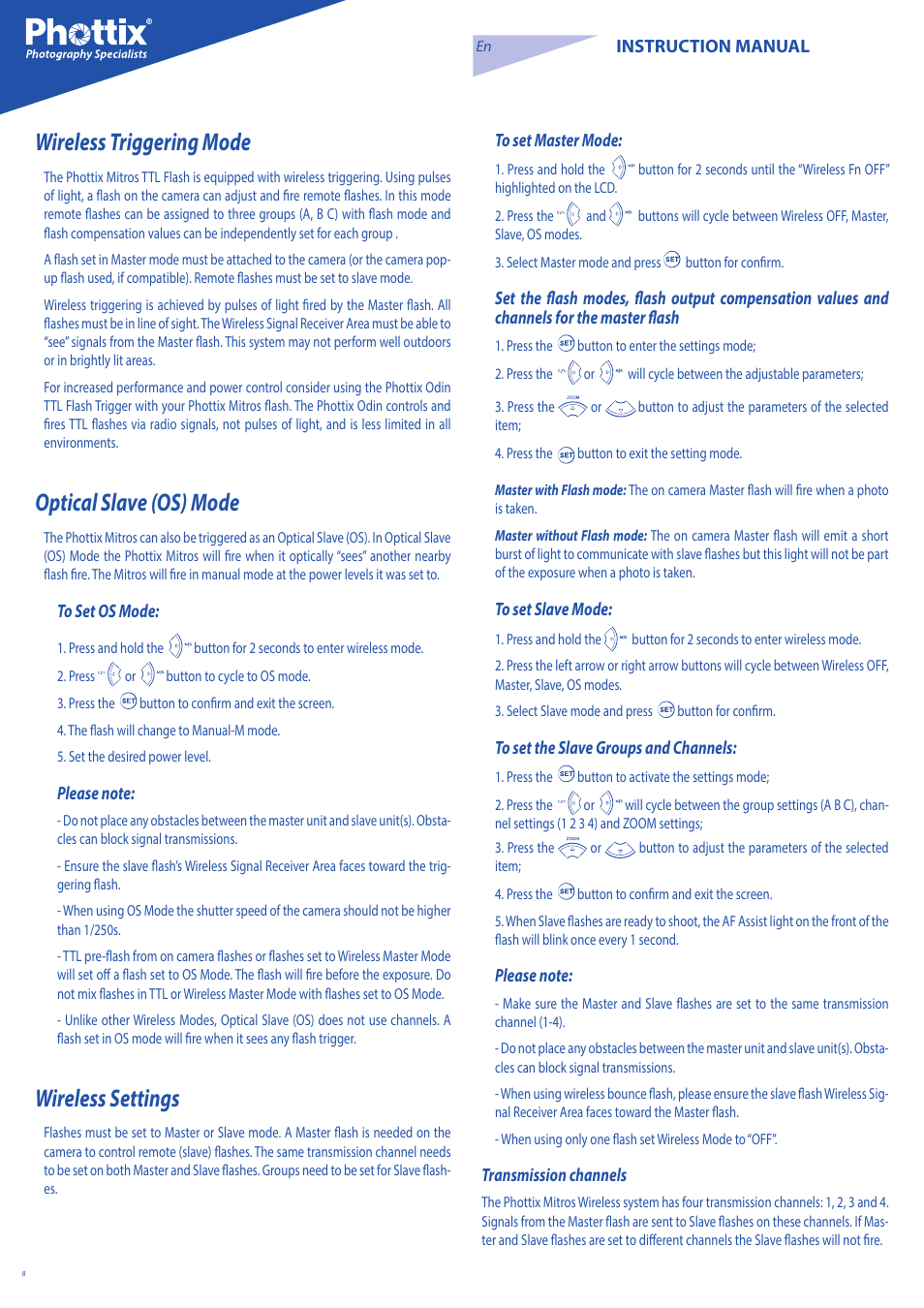 Wireless triggering mode, Optical slave (os) mode, Wireless settings | Phottix Mitros for Nikon User Manual | Page 8 / 122
