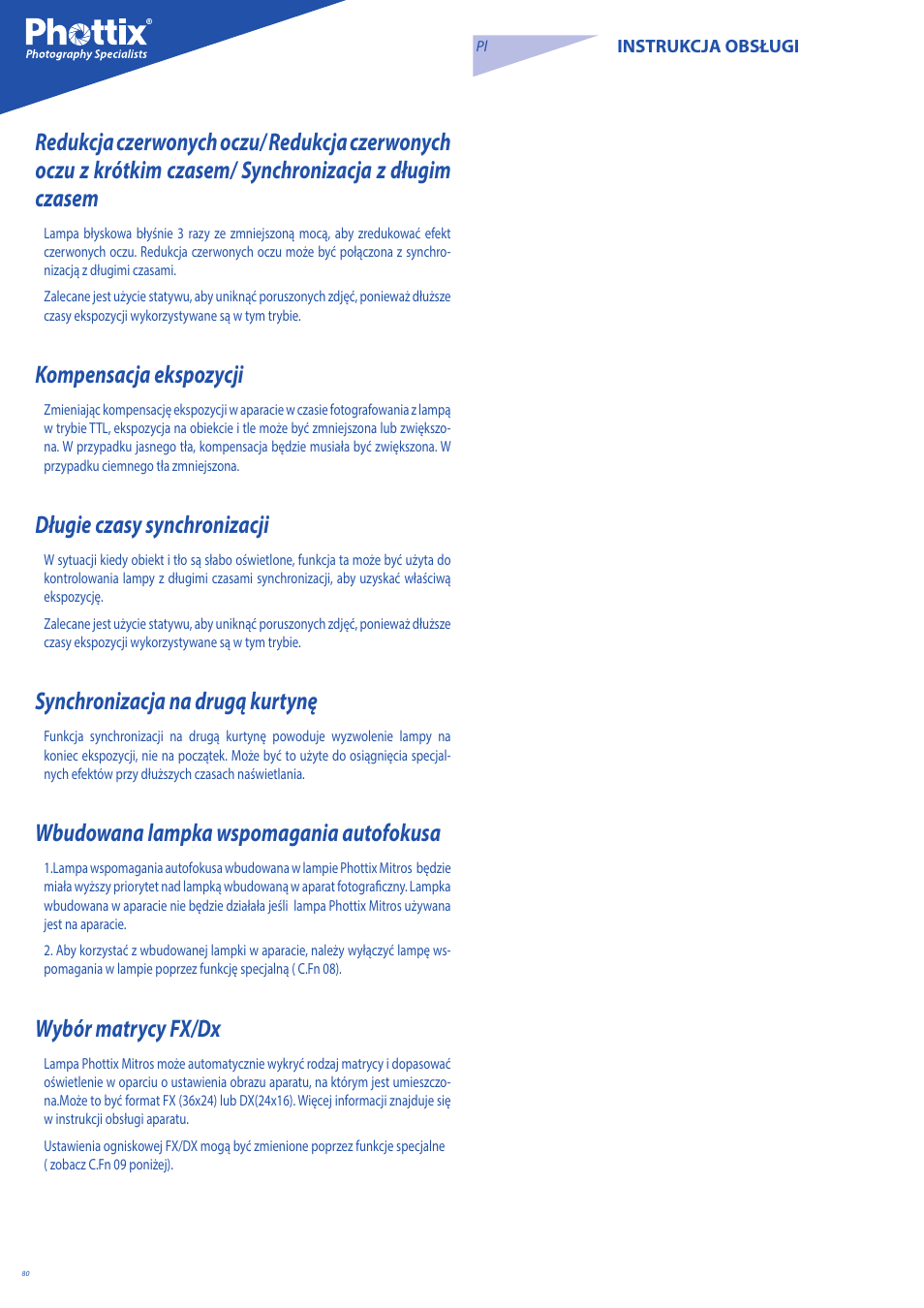 Kompensacja ekspozycji, Długie czasy synchronizacji, Synchronizacja na drugą kurtynę | Wbudowana lampka wspomagania autofokusa, Wybór matrycy fx/dx | Phottix Mitros for Nikon User Manual | Page 80 / 122