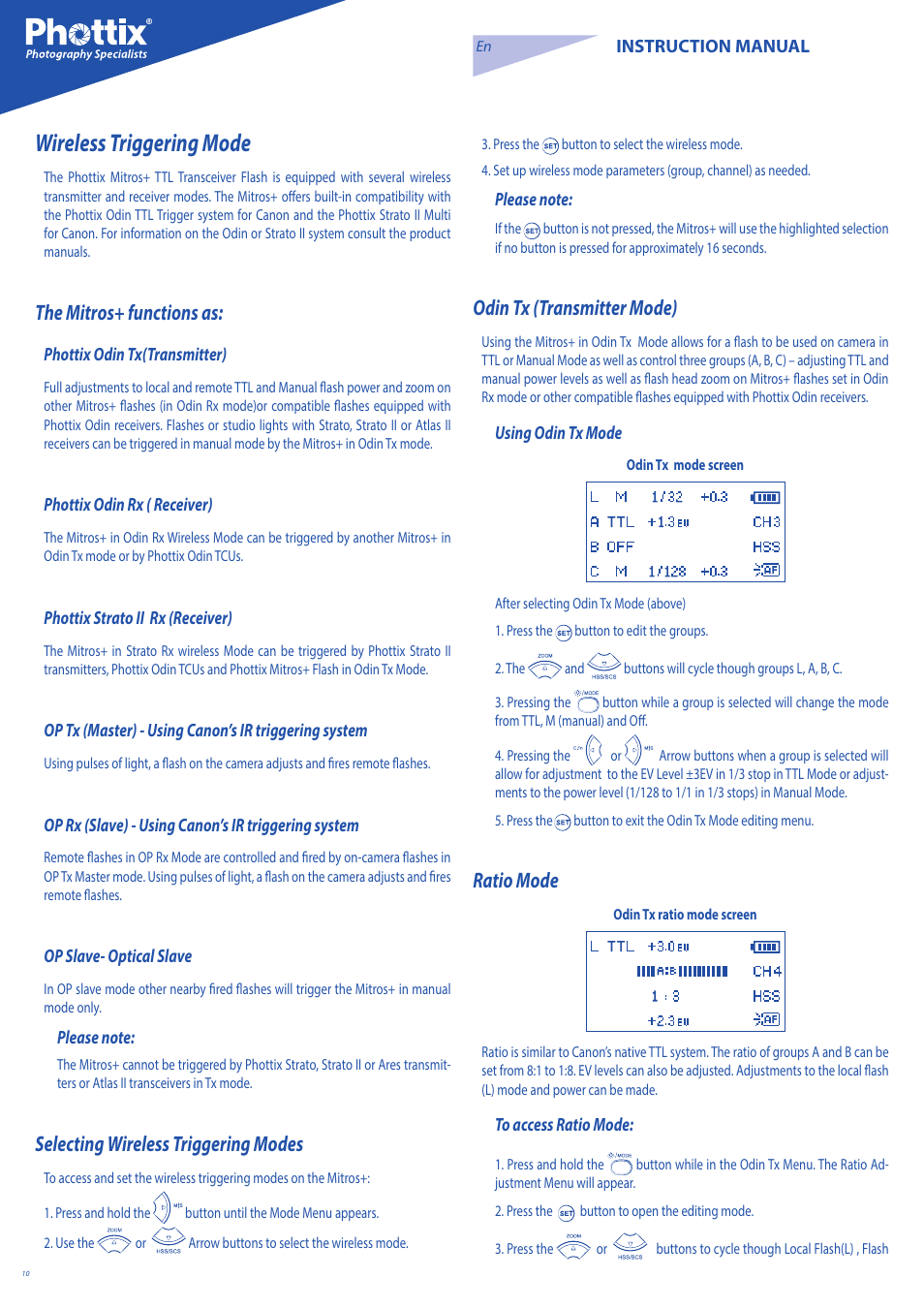 Wireless triggering mode, The mitros+ functions as, Selecting wireless triggering modes | Odin tx (transmitter mode), Ratio mode | Phottix Mitros for Canon User Manual | Page 10 / 147