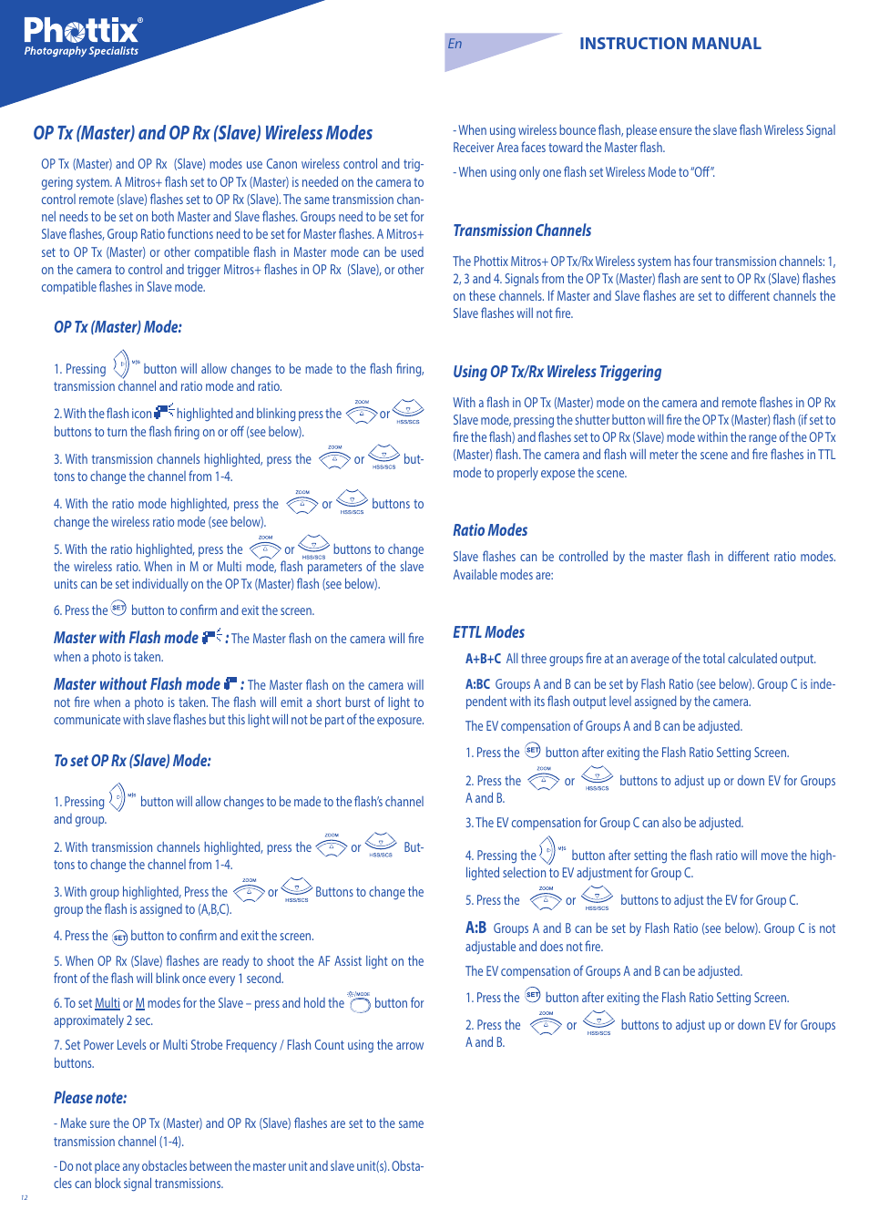 Op tx (master) and op rx (slave) wireless modes | Phottix Mitros for Canon User Manual | Page 12 / 147