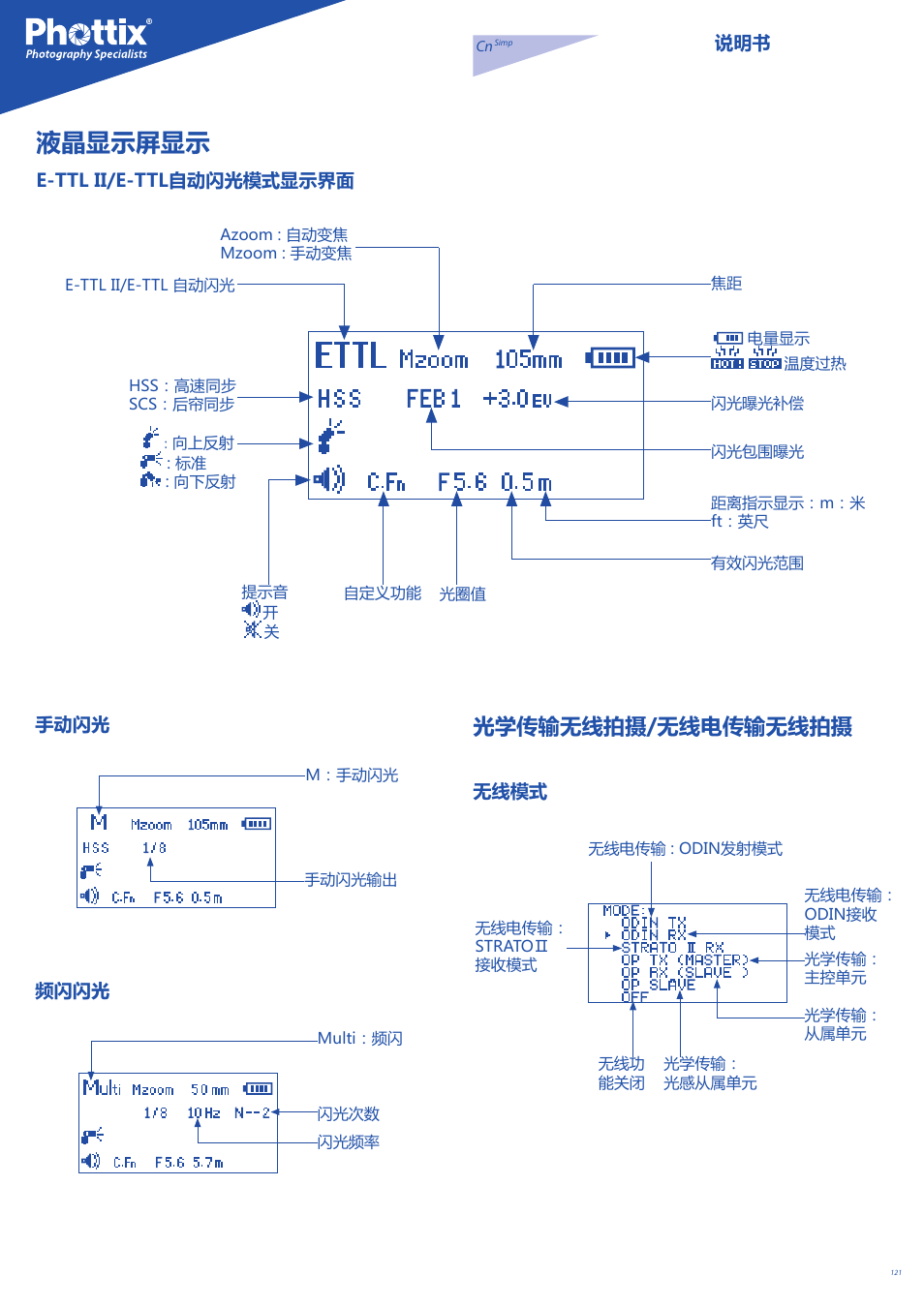 液晶显示屏显示, 光学传输无线拍摄/无线电传输无线拍摄 | Phottix Mitros for Canon User Manual | Page 121 / 147