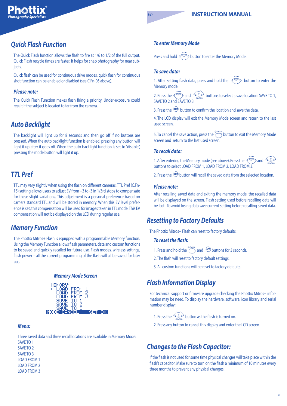 Quick flash function, Auto backlight, Ttl pref | Resetting to factory defaults, Flash information display, Changes to the flash capacitor | Phottix Mitros for Canon User Manual | Page 15 / 147