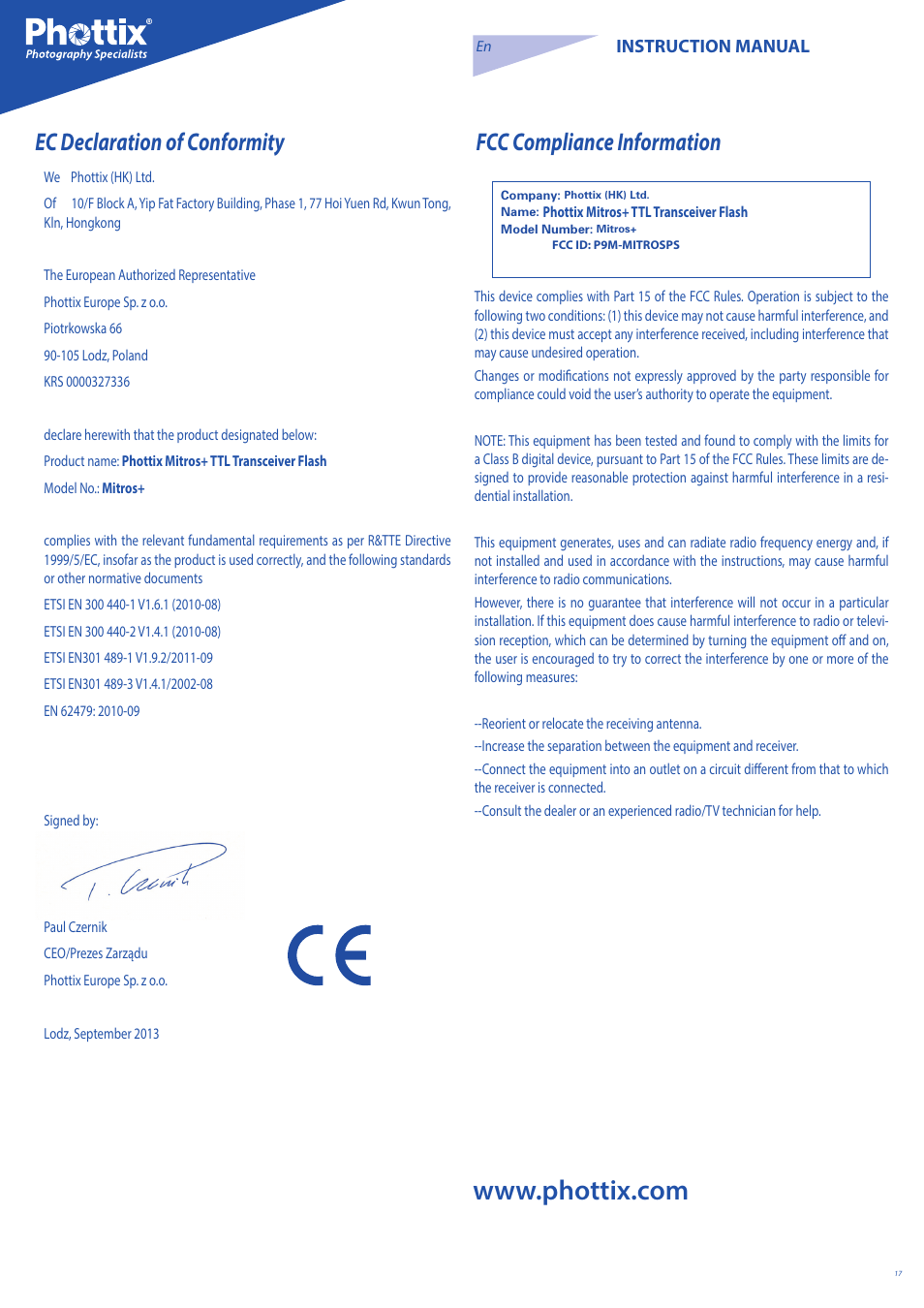 Ec declaration of conformity, Fcc compliance information | Phottix Mitros for Canon User Manual | Page 17 / 147