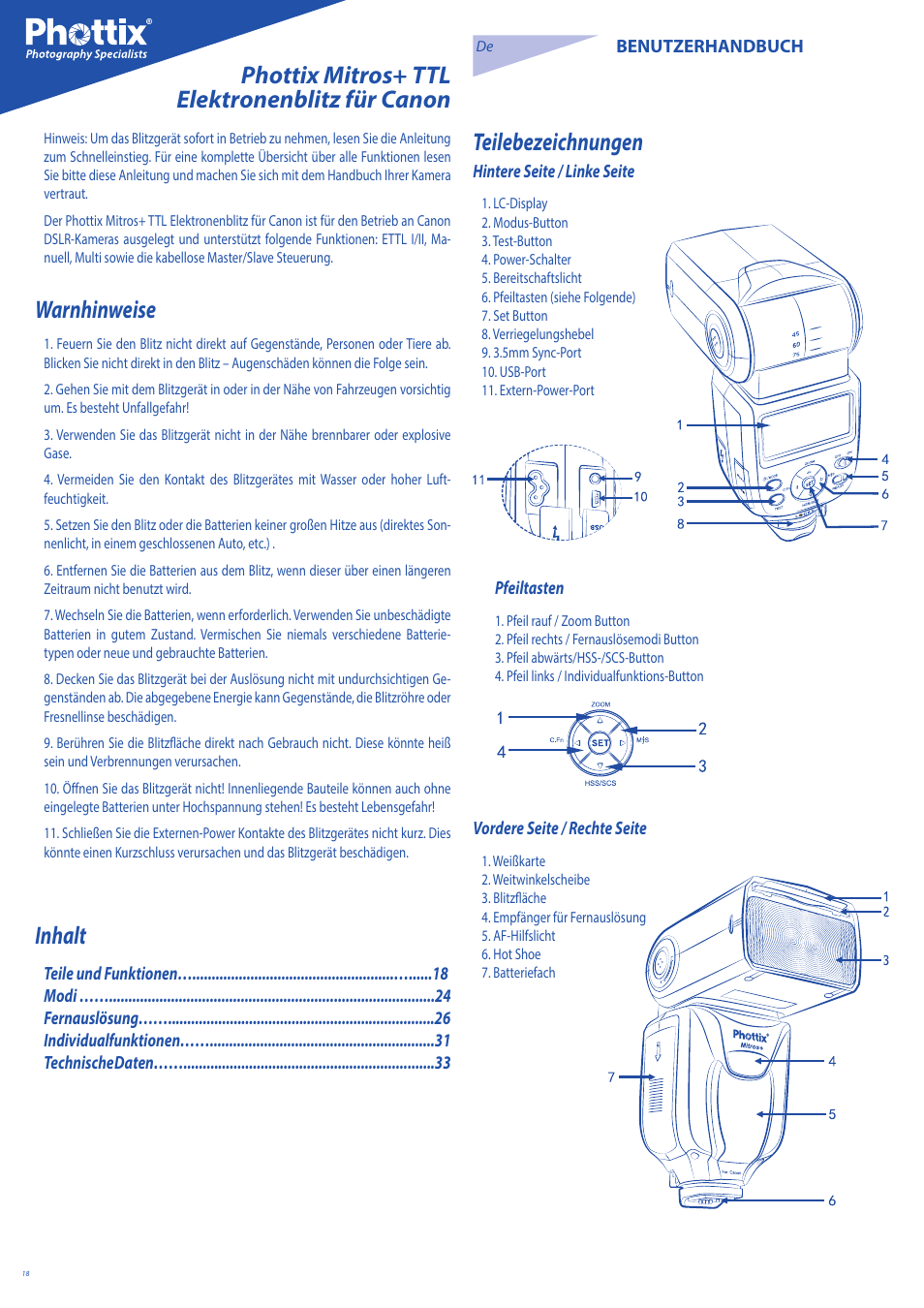 Warnhinweise, Inhalt | Phottix Mitros for Canon User Manual | Page 18 / 147