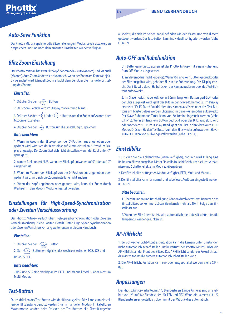 Auto-save funktion, Blitz zoom einstellung, Test-button | Auto-off und ruhefunktion, Einstellblitz, Af-hilfslicht, Anpassungen | Phottix Mitros for Canon User Manual | Page 23 / 147