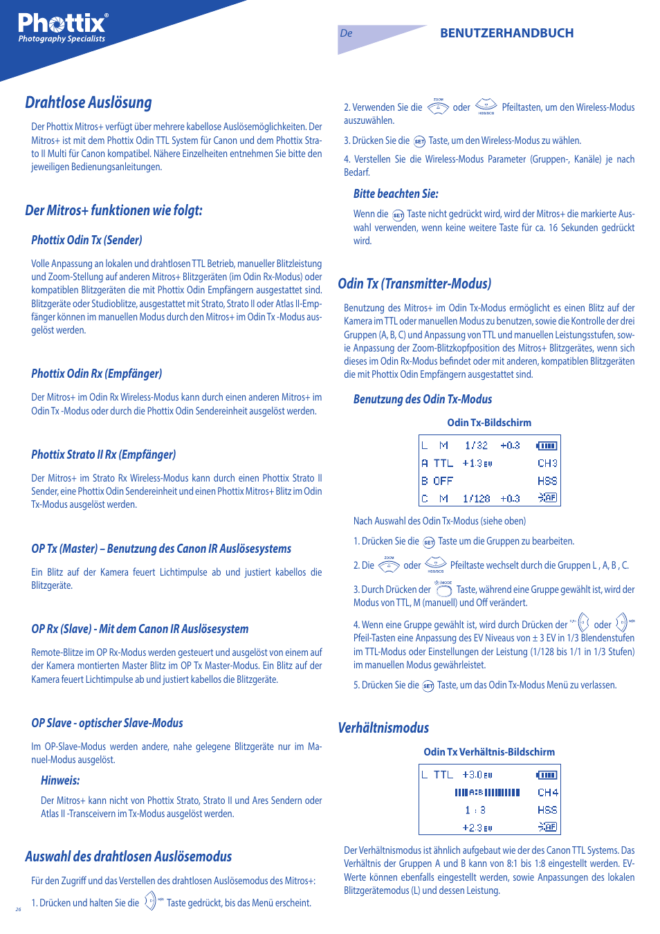 Drahtlose auslösung, Der mitros+ funktionen wie folgt, Auswahl des drahtlosen auslösemodus | Odin tx (transmitter-modus), Verhältnismodus | Phottix Mitros for Canon User Manual | Page 26 / 147