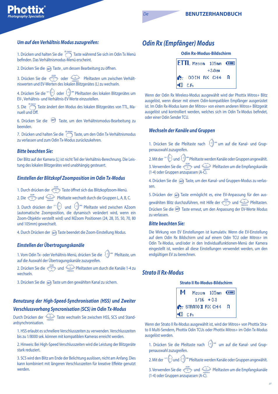 Odin rx (empfänger) modus, Strato ii rx-modus | Phottix Mitros for Canon User Manual | Page 27 / 147