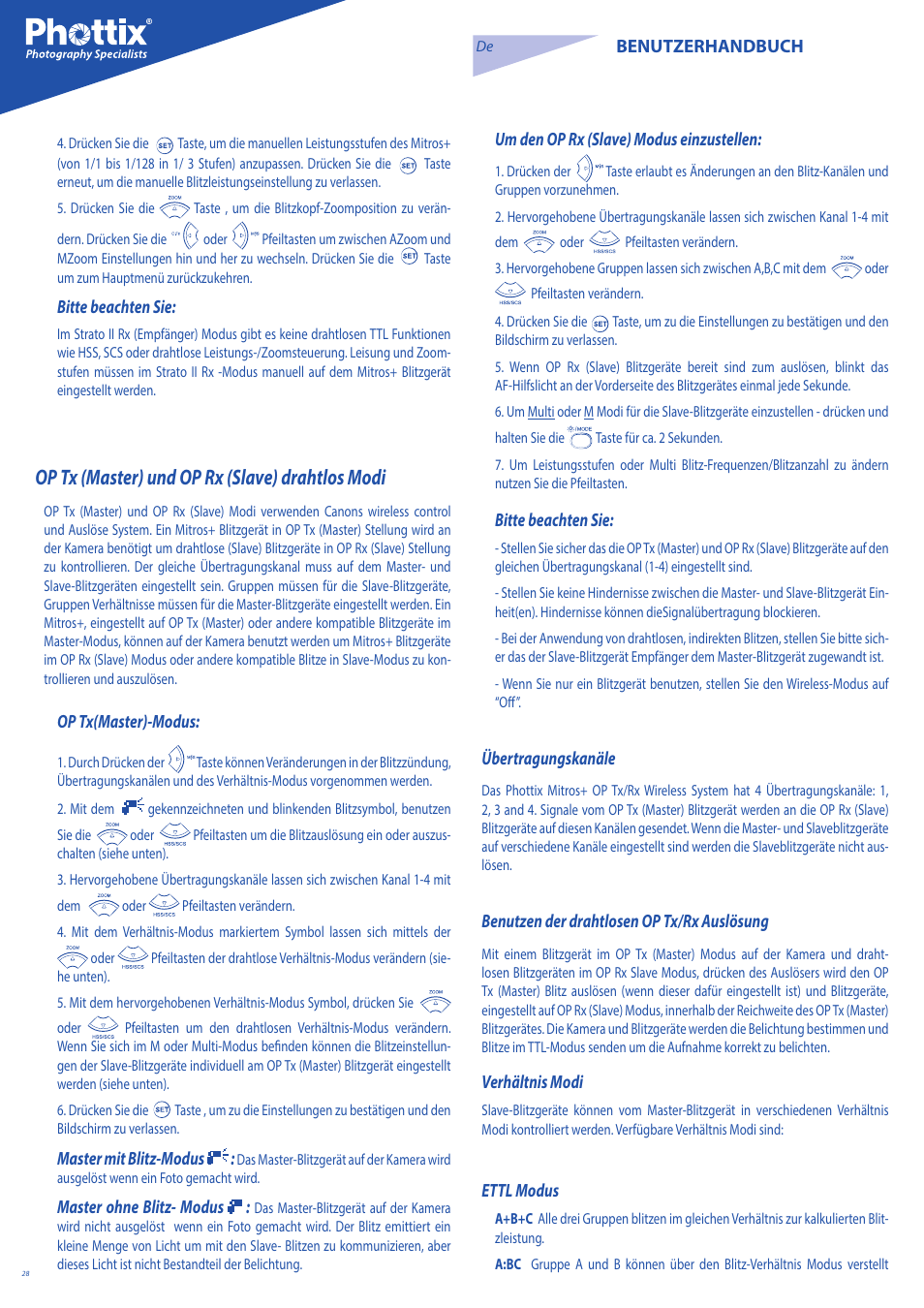 Op tx (master) und op rx (slave) drahtlos modi | Phottix Mitros for Canon User Manual | Page 28 / 147